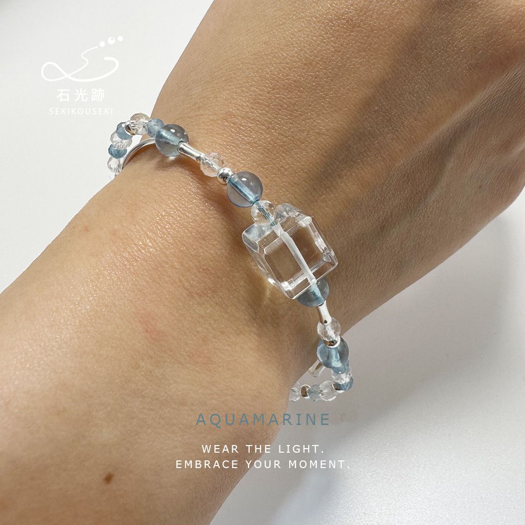 方糖白水晶海藍寶-實戴照片