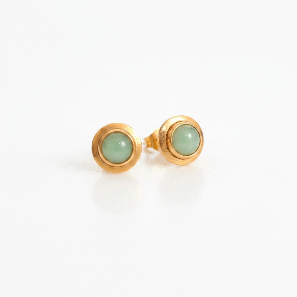 14K Gold Green Jade Cabochon Stud Earrings