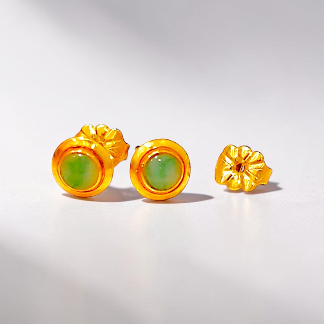 14K Gold Green Jade Cabochon Stud Earrings (7)