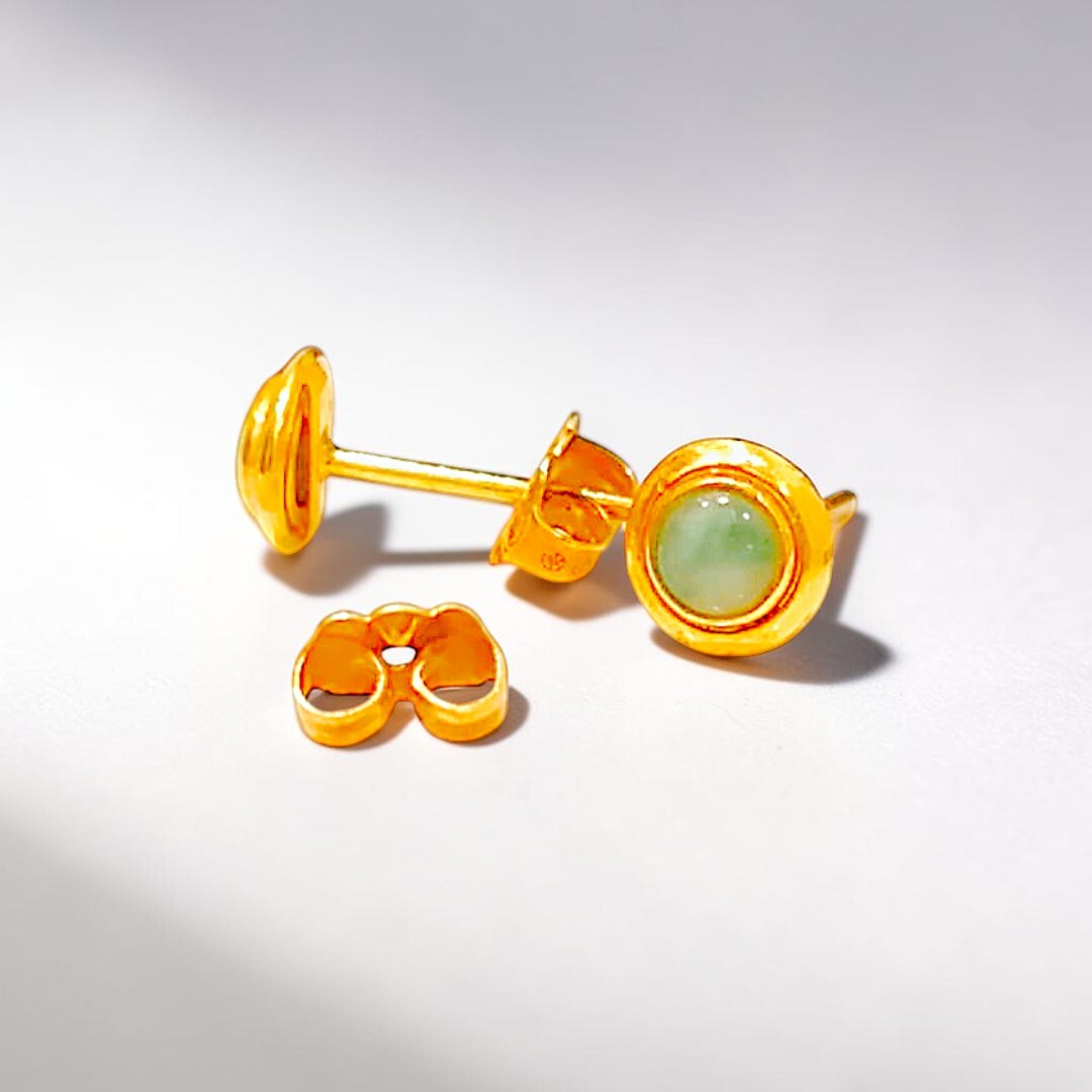 14K Gold Green Jade Cabochon Stud Earrings (4)