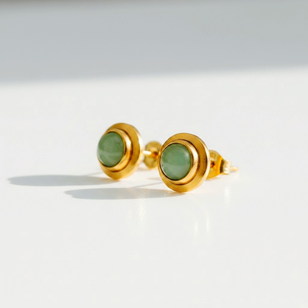 14K Gold Green Jade Cabochon Stud Earrings (2)
