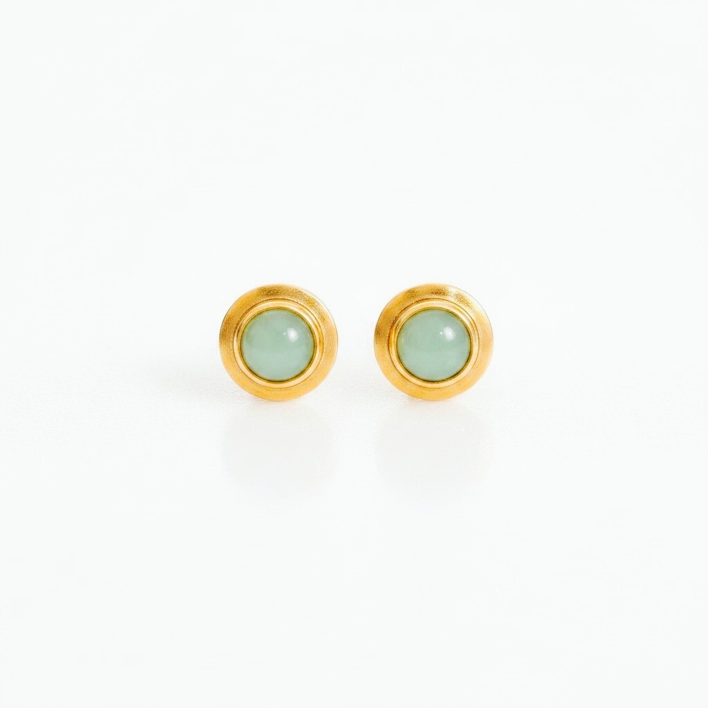 14K Gold Green Jade Cabochon Stud Earrings (1)