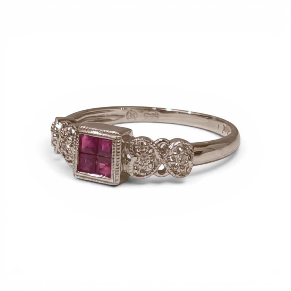 Art Deco Princess Cut Ruby Quadrant and Diamond Ring
