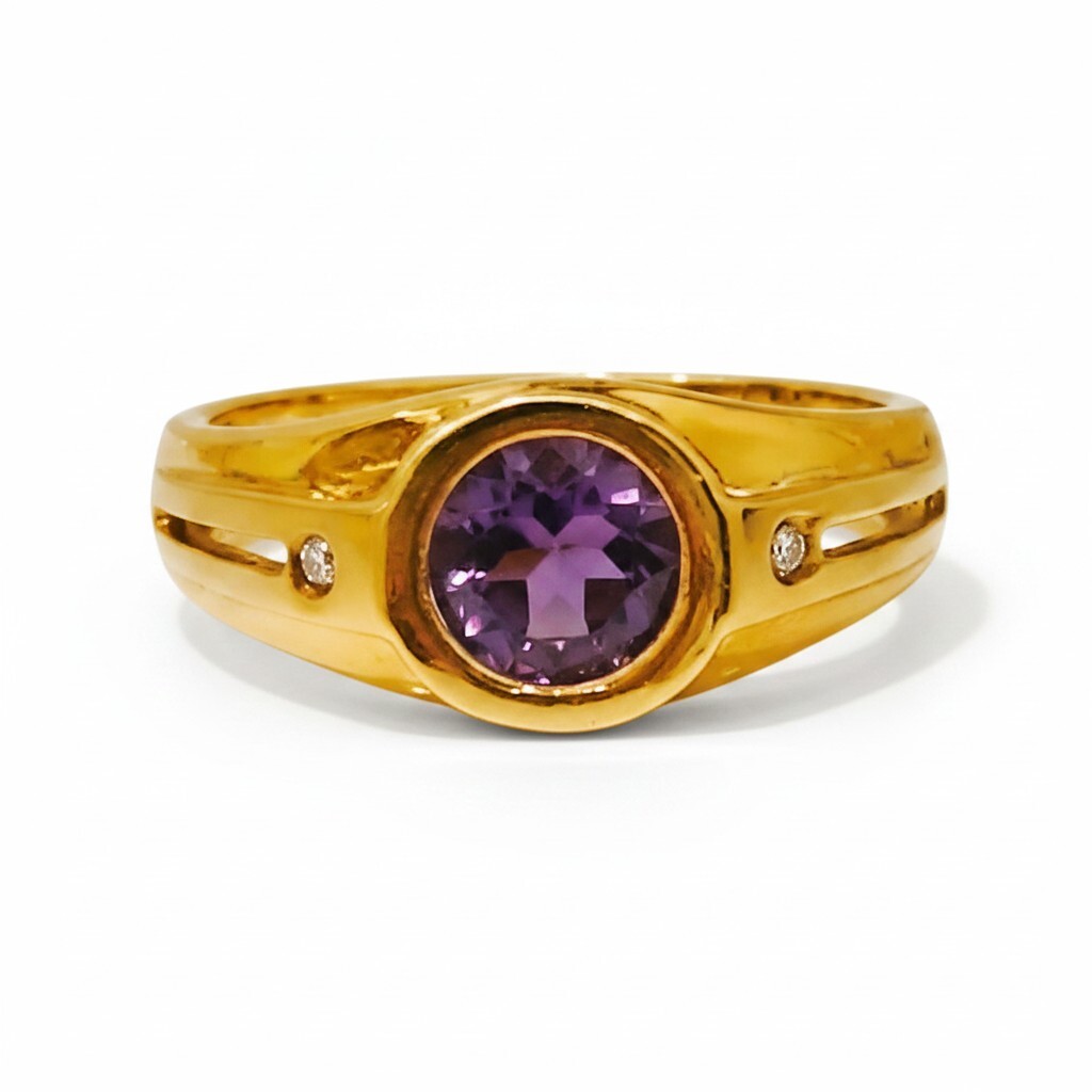 Bezel-Set Round Amethyst Ring  Sleek Dome Band with Diamonds (1)