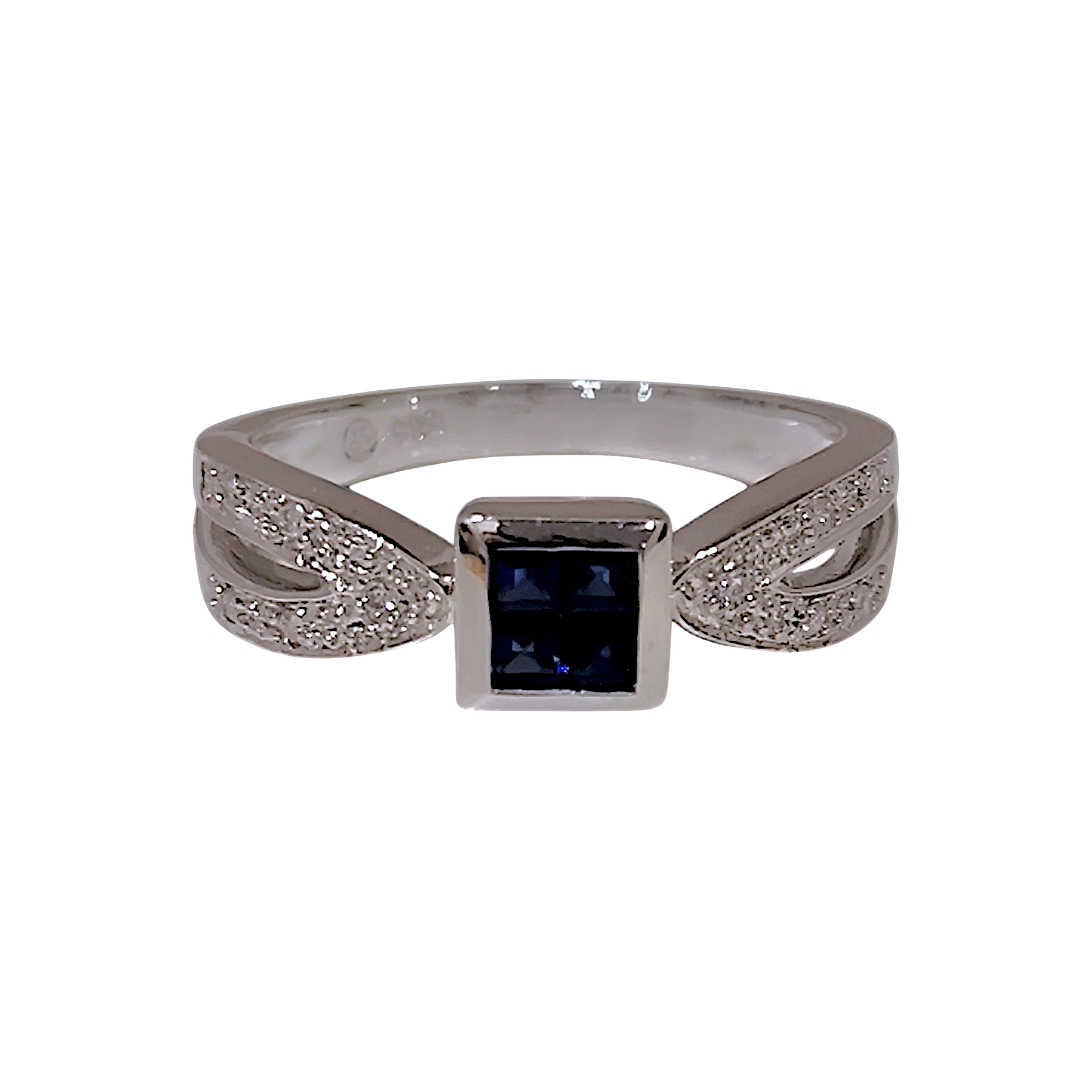 14K White Gold Blue Sapphire Ring _ Square Mosaic Pavé Split-Shank Band