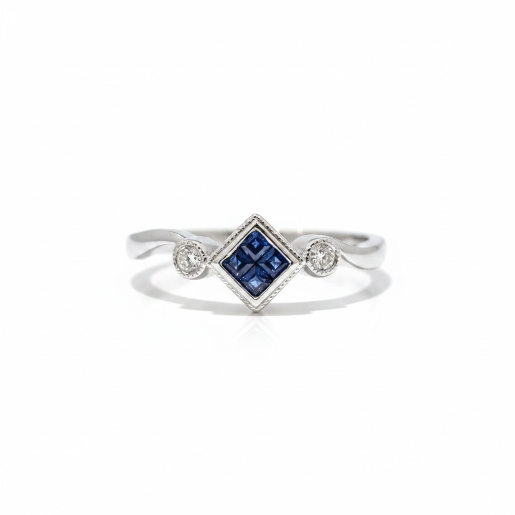 14K White Gold Blue Sapphire Ring  Vintage Rhombus Art Deco Band (1)