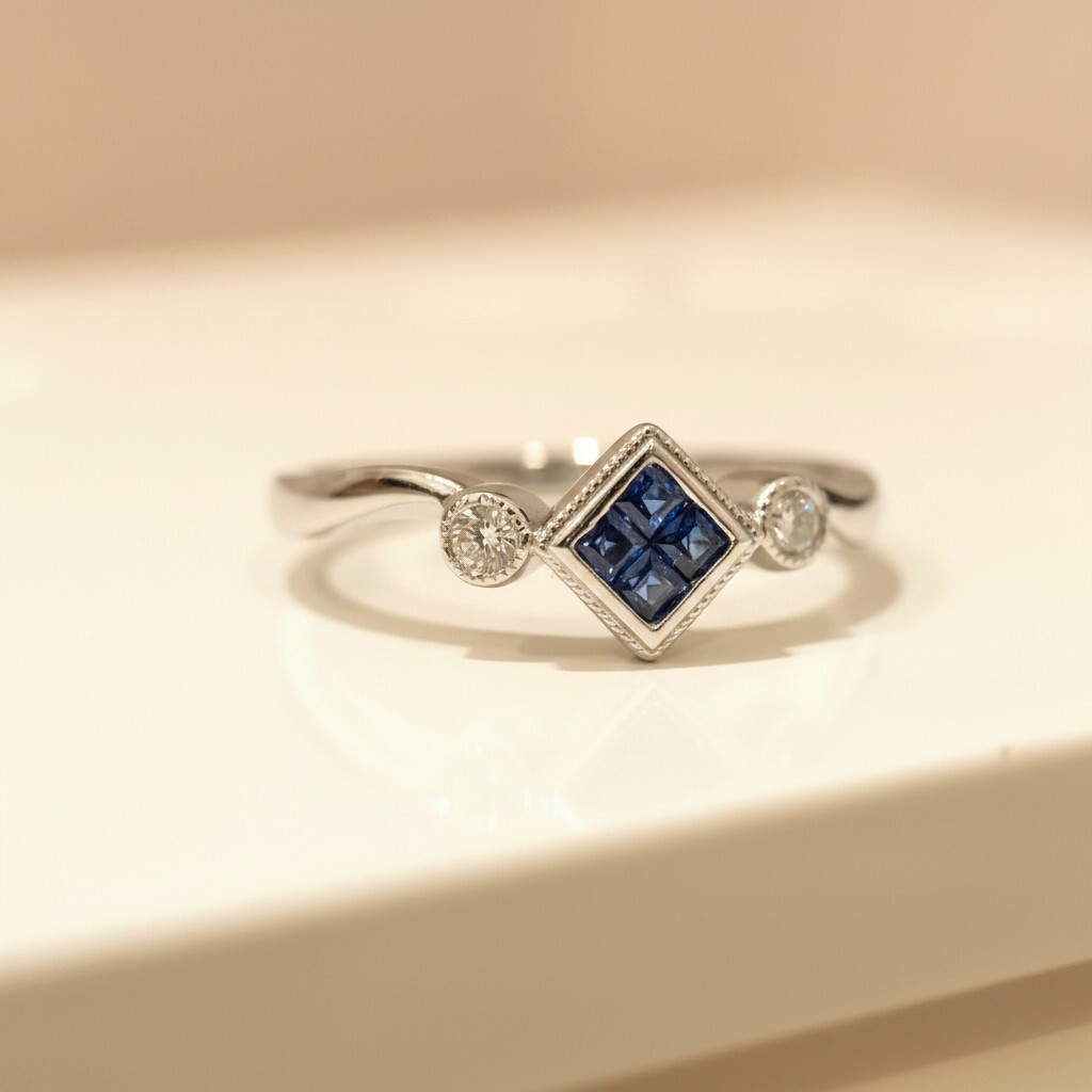 14K White Gold Blue Sapphire Ring  Vintage Rhombus Art Deco Band (2)