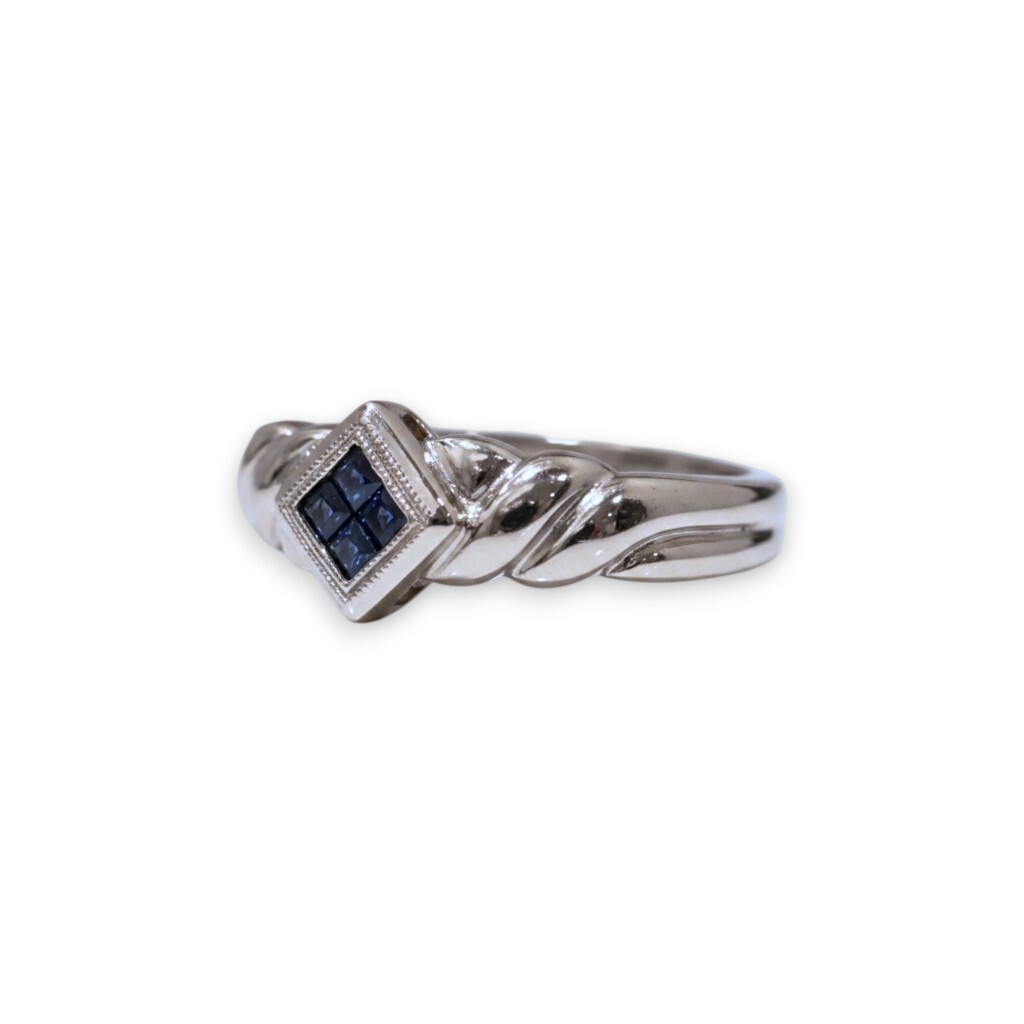 14K White Gold Blue Sapphire Ring  Twisted Rope Rhombus Deco Band (1) (1)