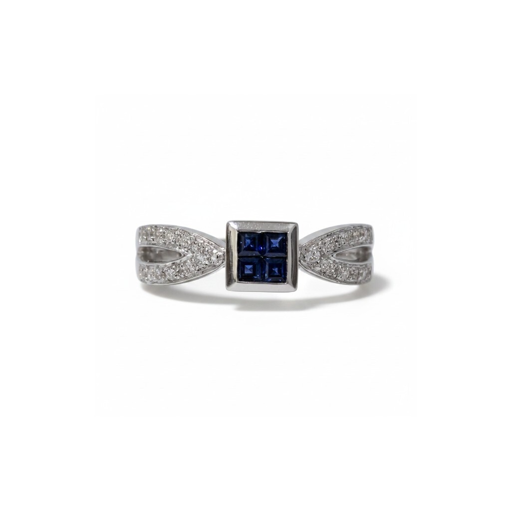 14K White Gold Blue Sapphire Ring _ Square Mosaic Pavé Split-Shank Band (2)