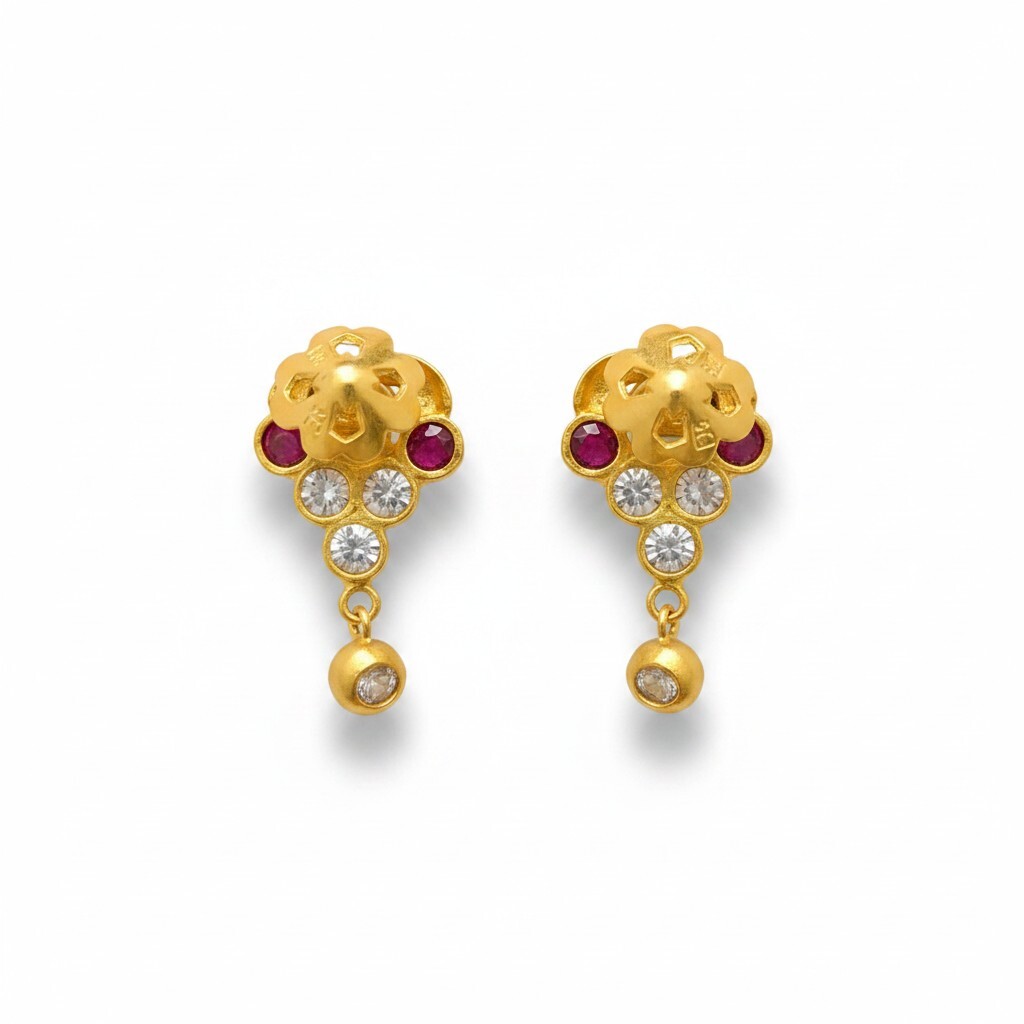 916 (22K) Yellow Gold Traditional Indian Earrings  Pearl & Ruby Drops (2)