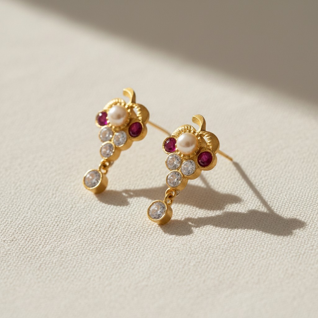 916 (22K) Yellow Gold Traditional Indian Earrings  Pearl & Ruby Drops (3)