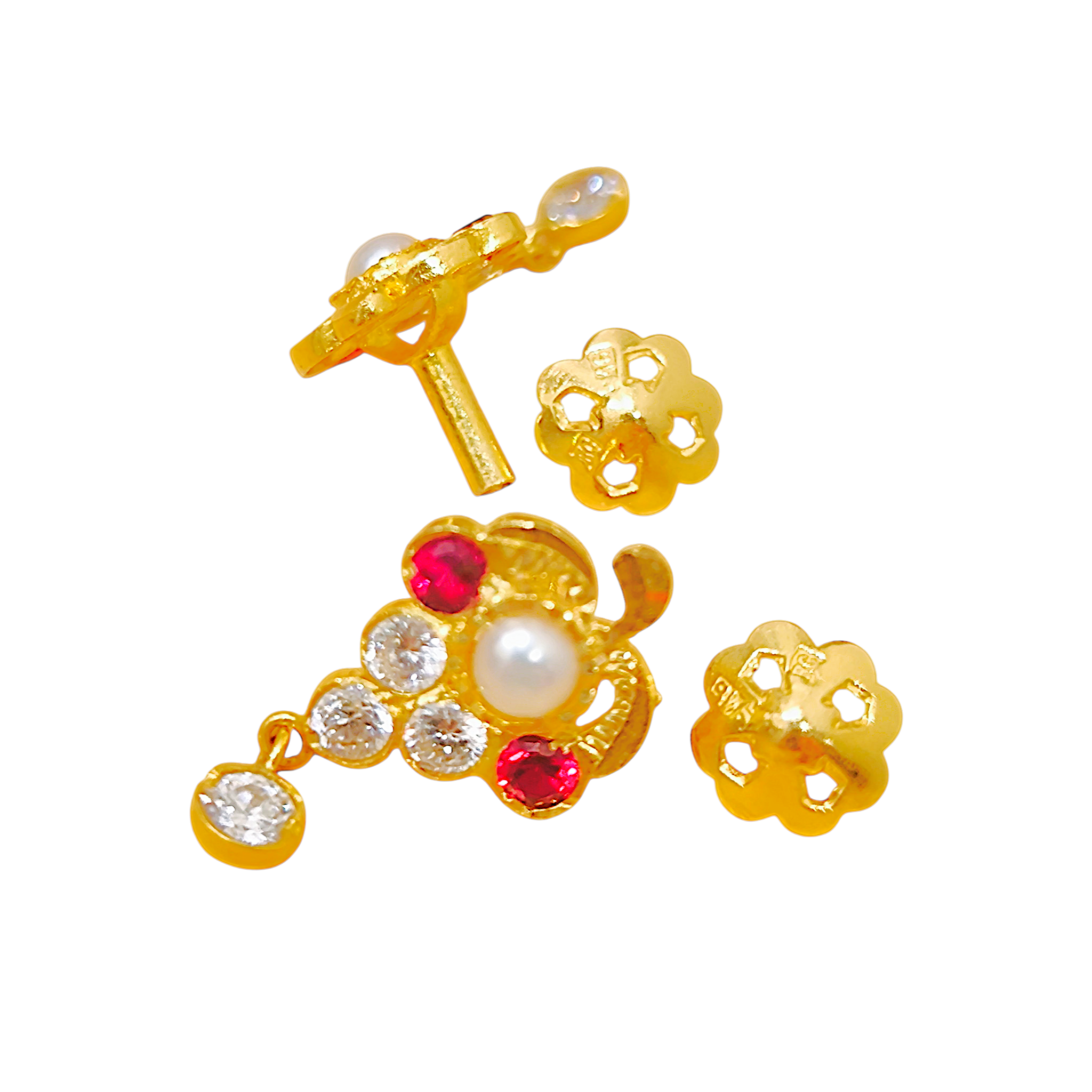 916 (22K) Yellow Gold Traditional Indian Earrings  Pearl & Ruby Drops (1)