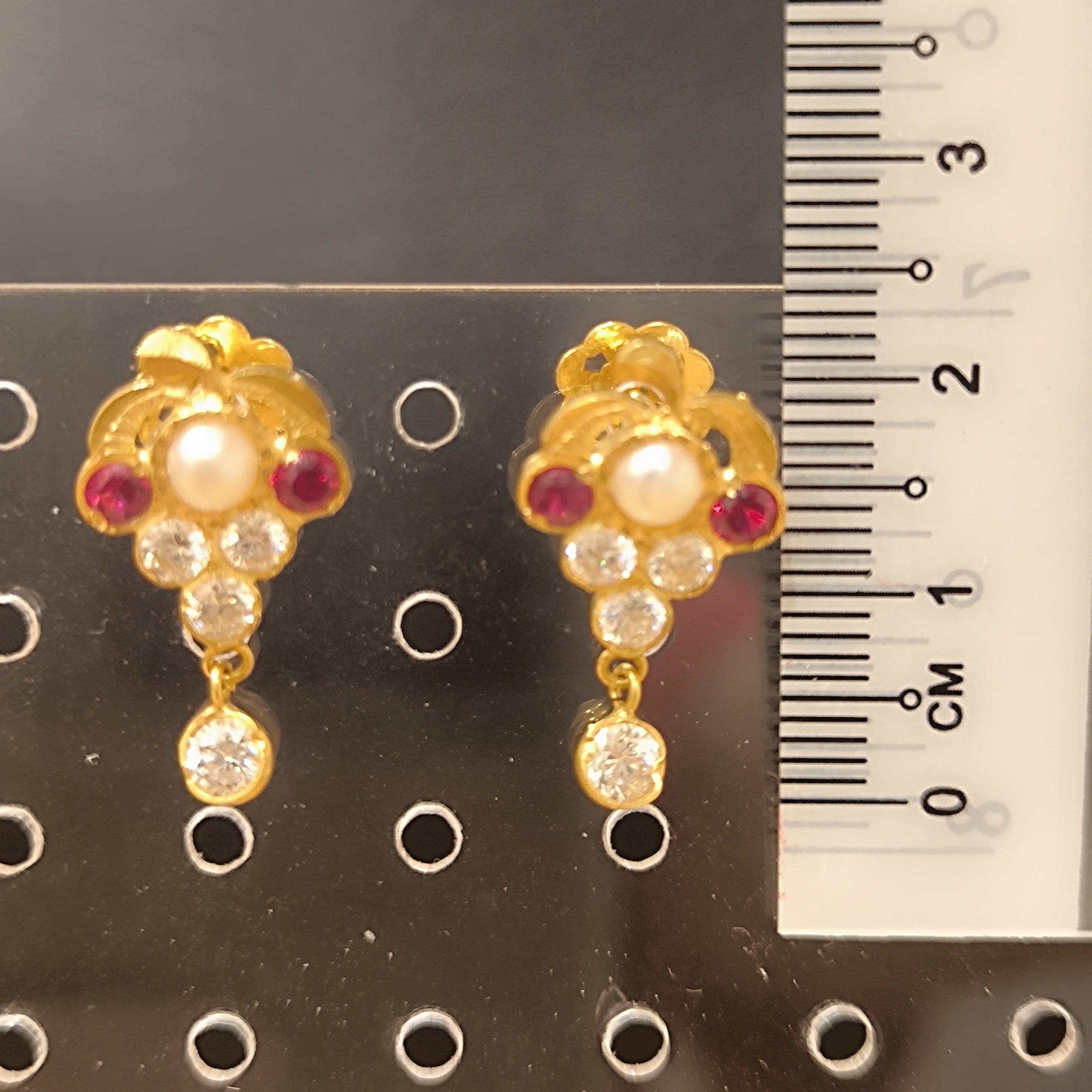 916 (22K) Yellow Gold Traditional Indian Earrings  Pearl & Ruby Drops (1)