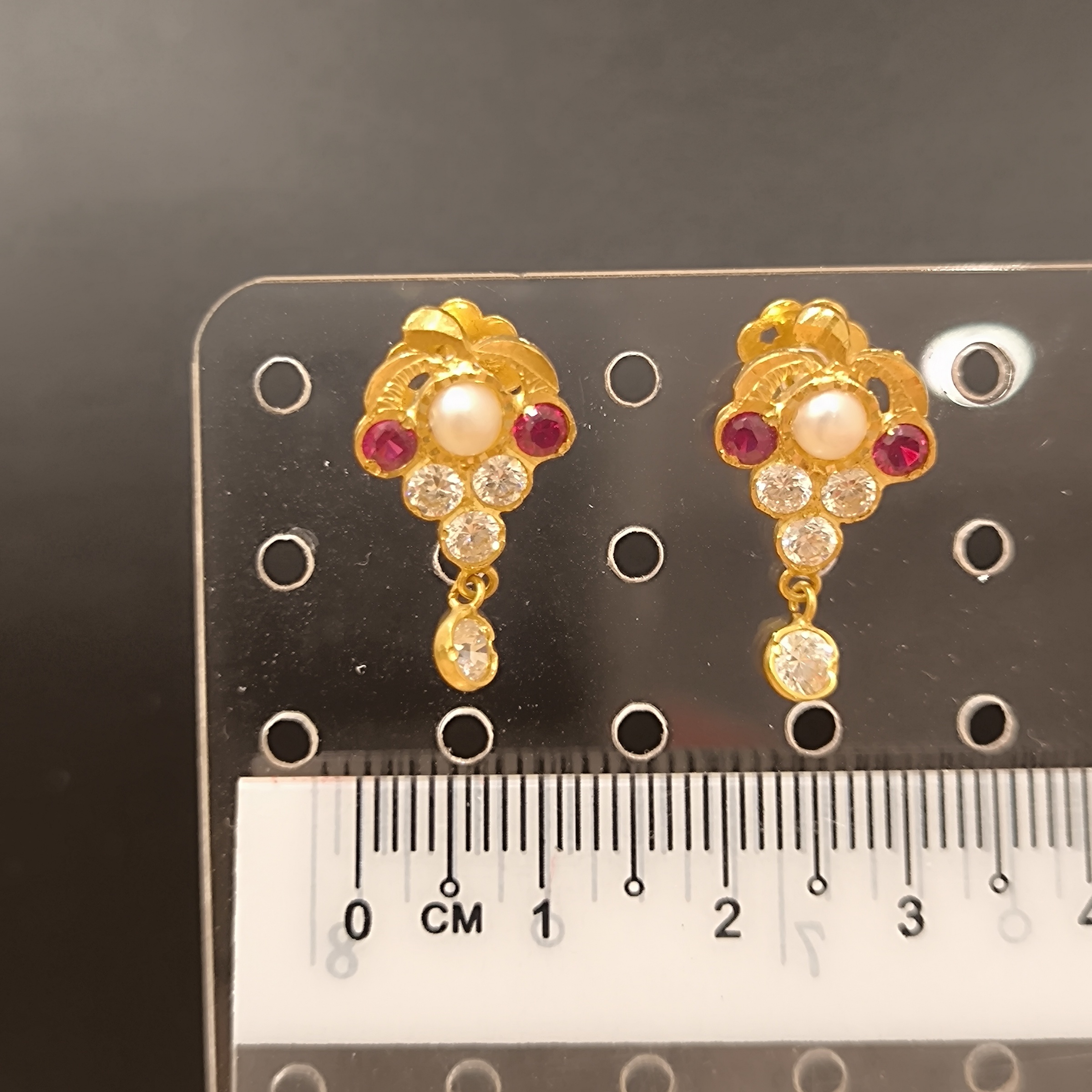 916 (22K) Yellow Gold Traditional Indian Earrings  Pearl & Ruby Drops (2)