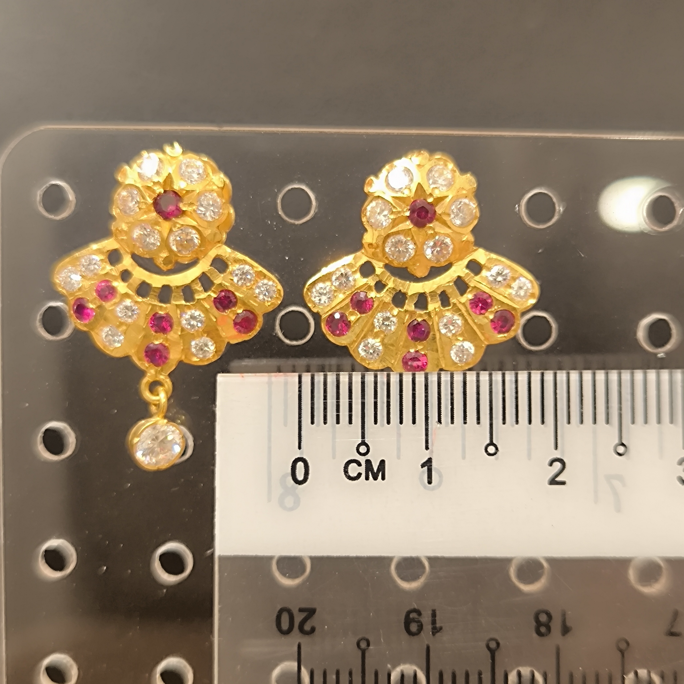 916 (22K) Yellow Gold Traditional Indian Fan Earrings  Ruby & Zircon Drops (1)