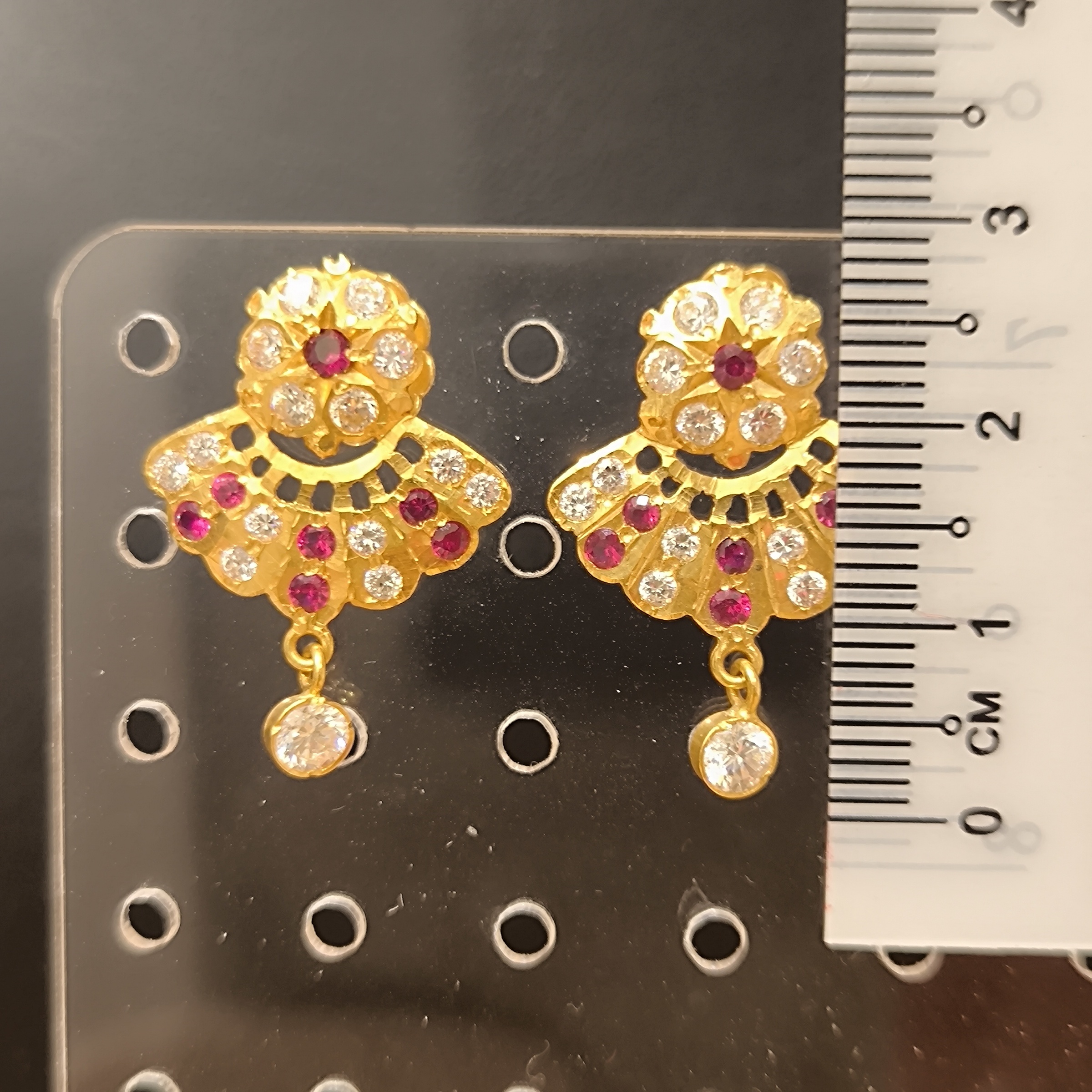 916 (22K) Yellow Gold Traditional Indian Fan Earrings  Ruby & Zircon Drops (2)