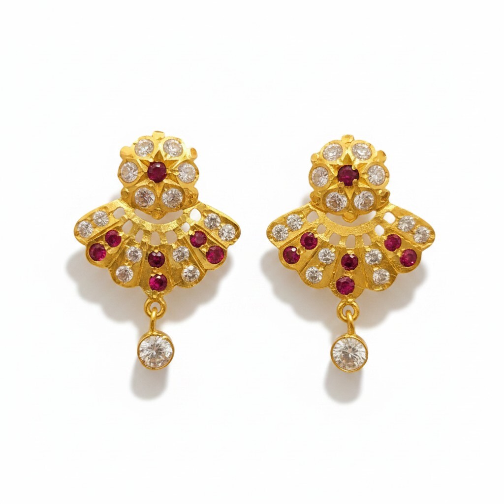 916 (22K) Yellow Gold Traditional Indian Fan Earrings  Ruby & Zircon Drops