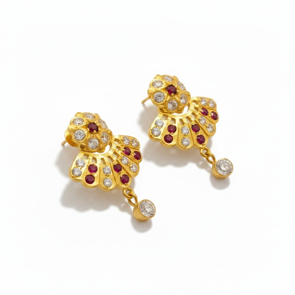 916 (22K) Yellow Gold Traditional Indian Fan Earrings  Ruby & Zircon Drops (2)
