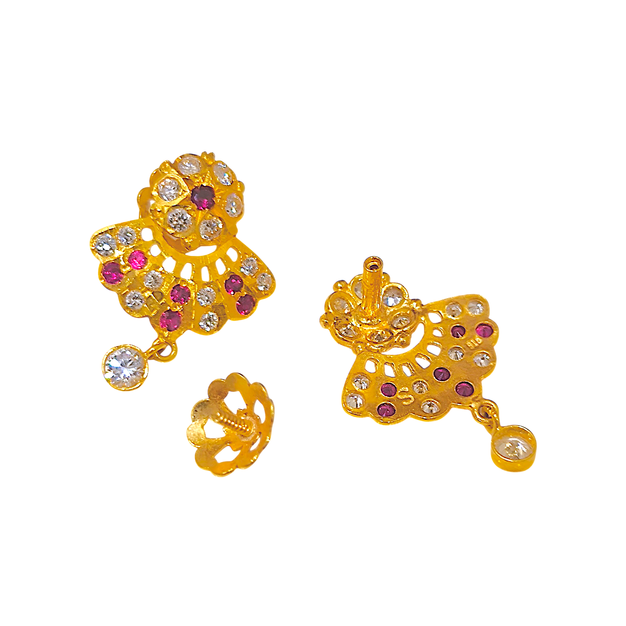 916 (22K) Yellow Gold Traditional Indian Fan Earrings  Ruby & Zircon Drops (4)