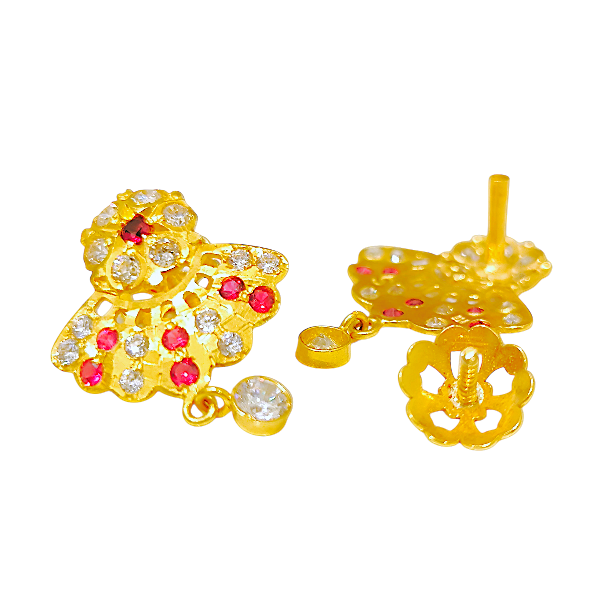 916 (22K) Yellow Gold Traditional Indian Fan Earrings  Ruby & Zircon Drops (6)