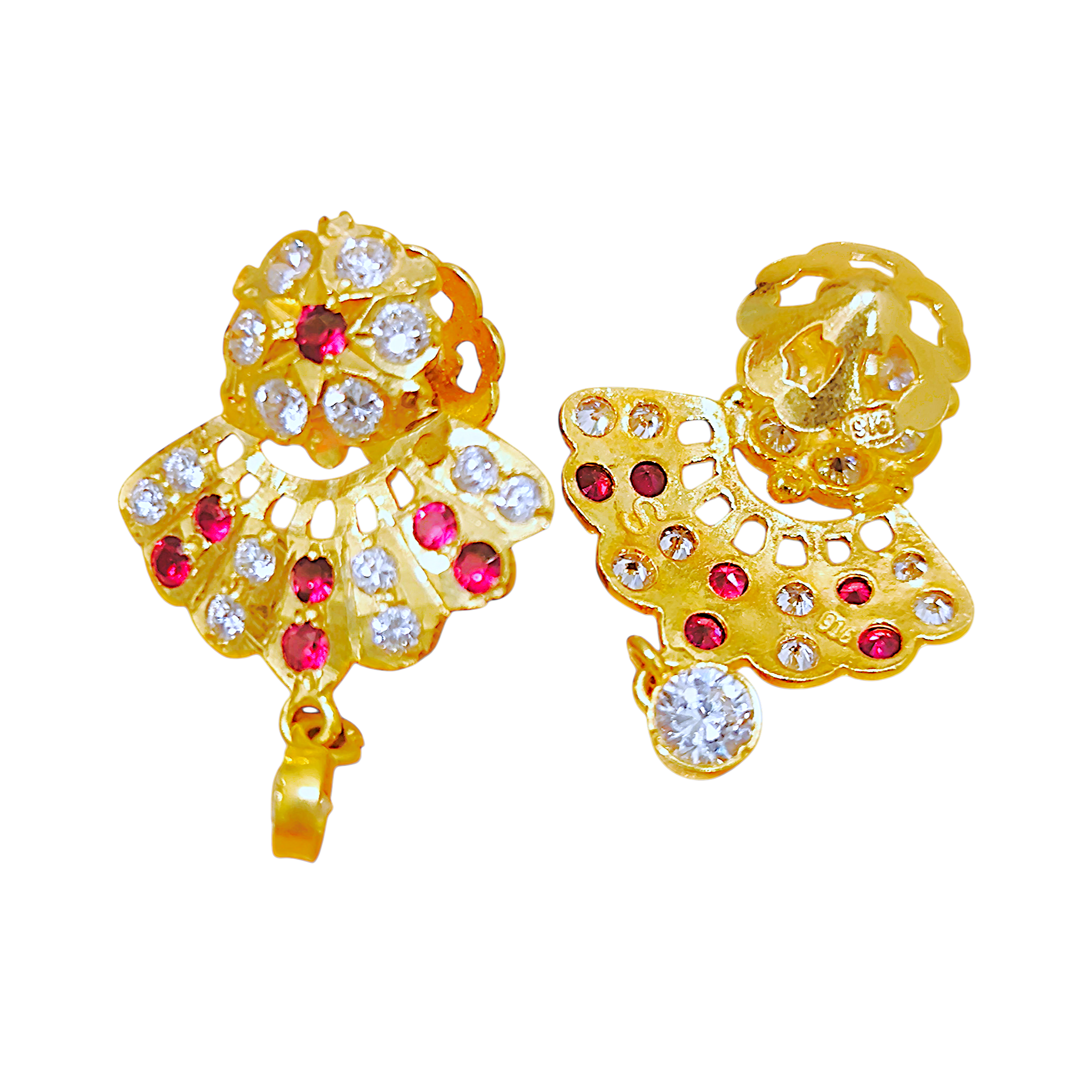 916 (22K) Yellow Gold Traditional Indian Fan Earrings  Ruby & Zircon Drops (1)