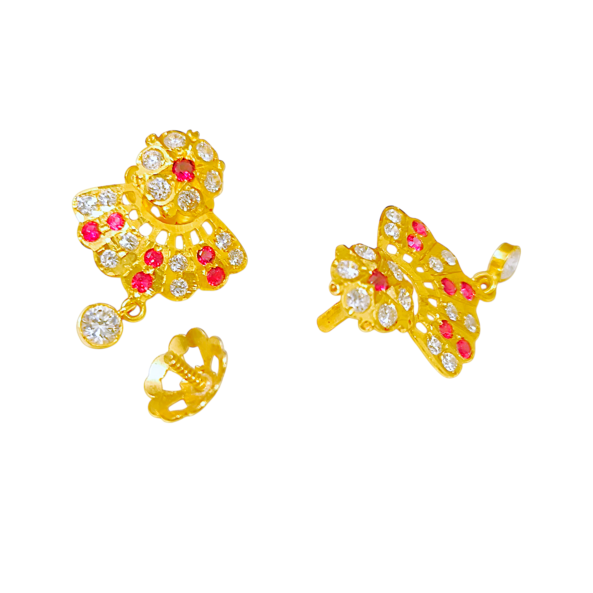 916 (22K) Yellow Gold Traditional Indian Fan Earrings  Ruby & Zircon Drops (3)