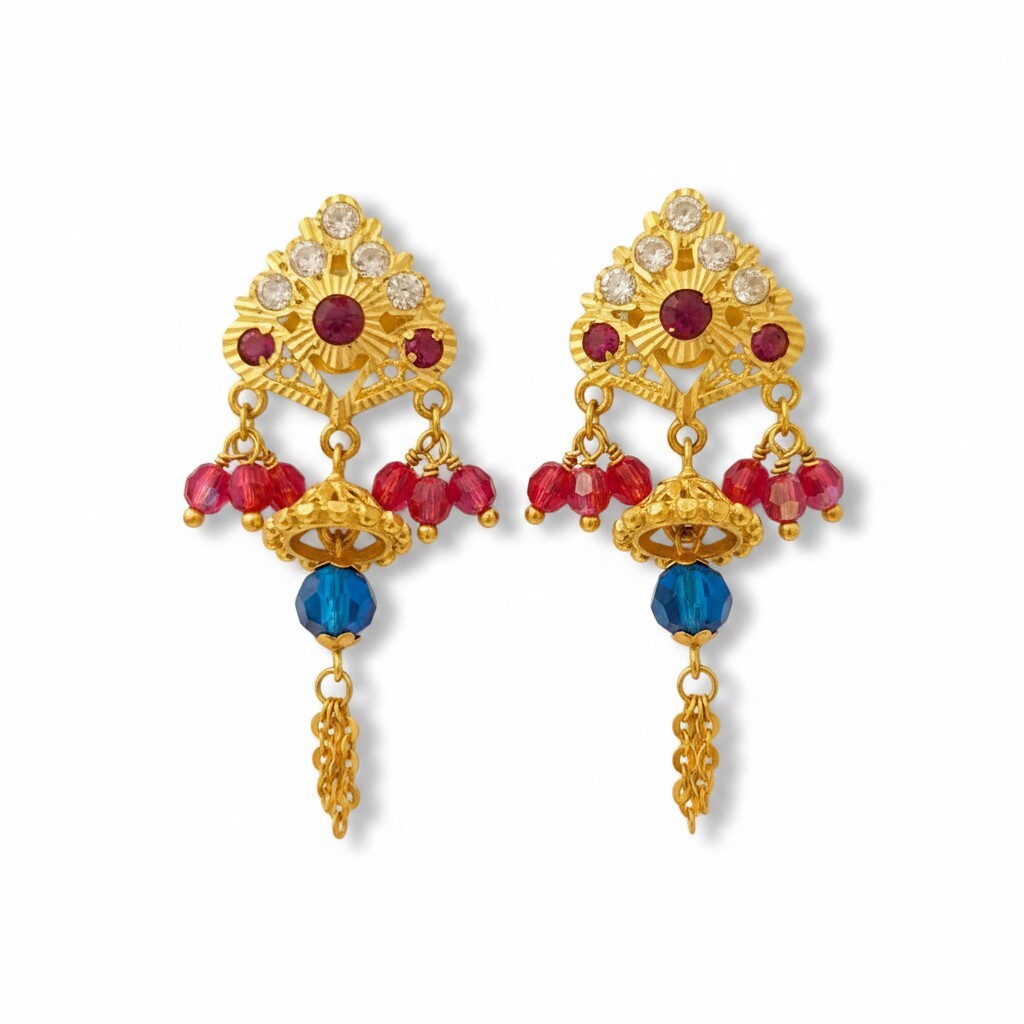 916 (22K) Yellow Gold Traditional Indian Earrings  Ruby, Zircon & Blue Drop Chandelier