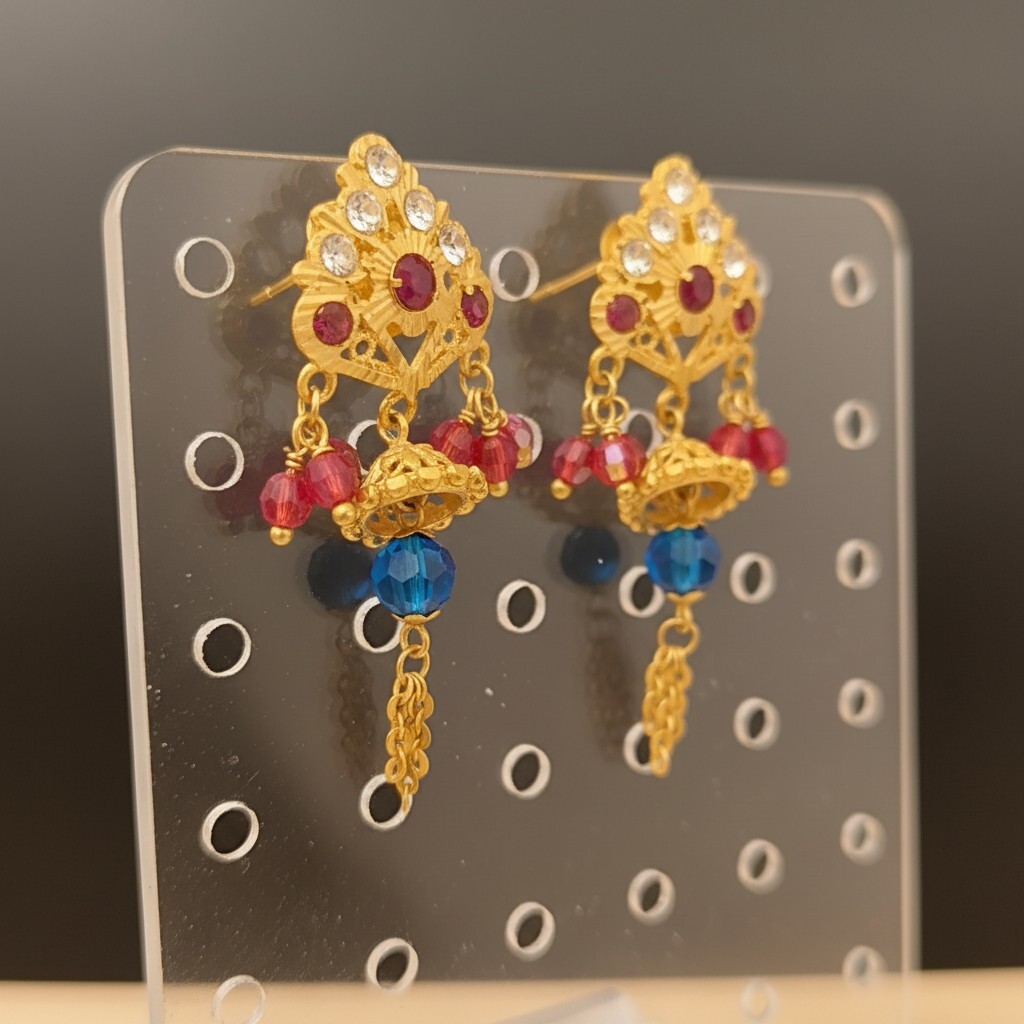 916 (22K) Yellow Gold Traditional Indian Earrings  Ruby, Zircon & Blue Drop Chandelier (2)