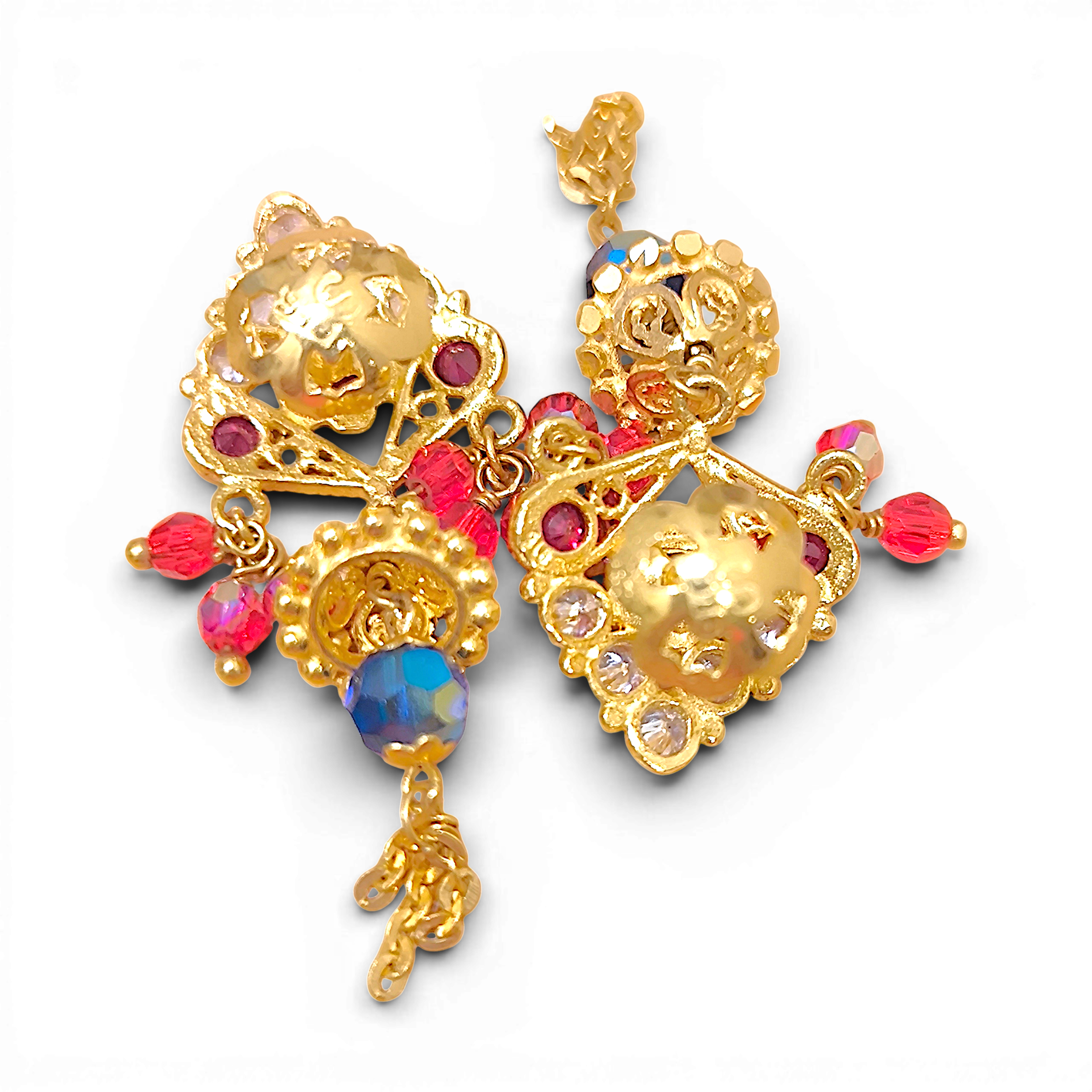 916 (22K) Yellow Gold Traditional Indian Earrings  Ruby, Zircon & Blue Drop Chandelier