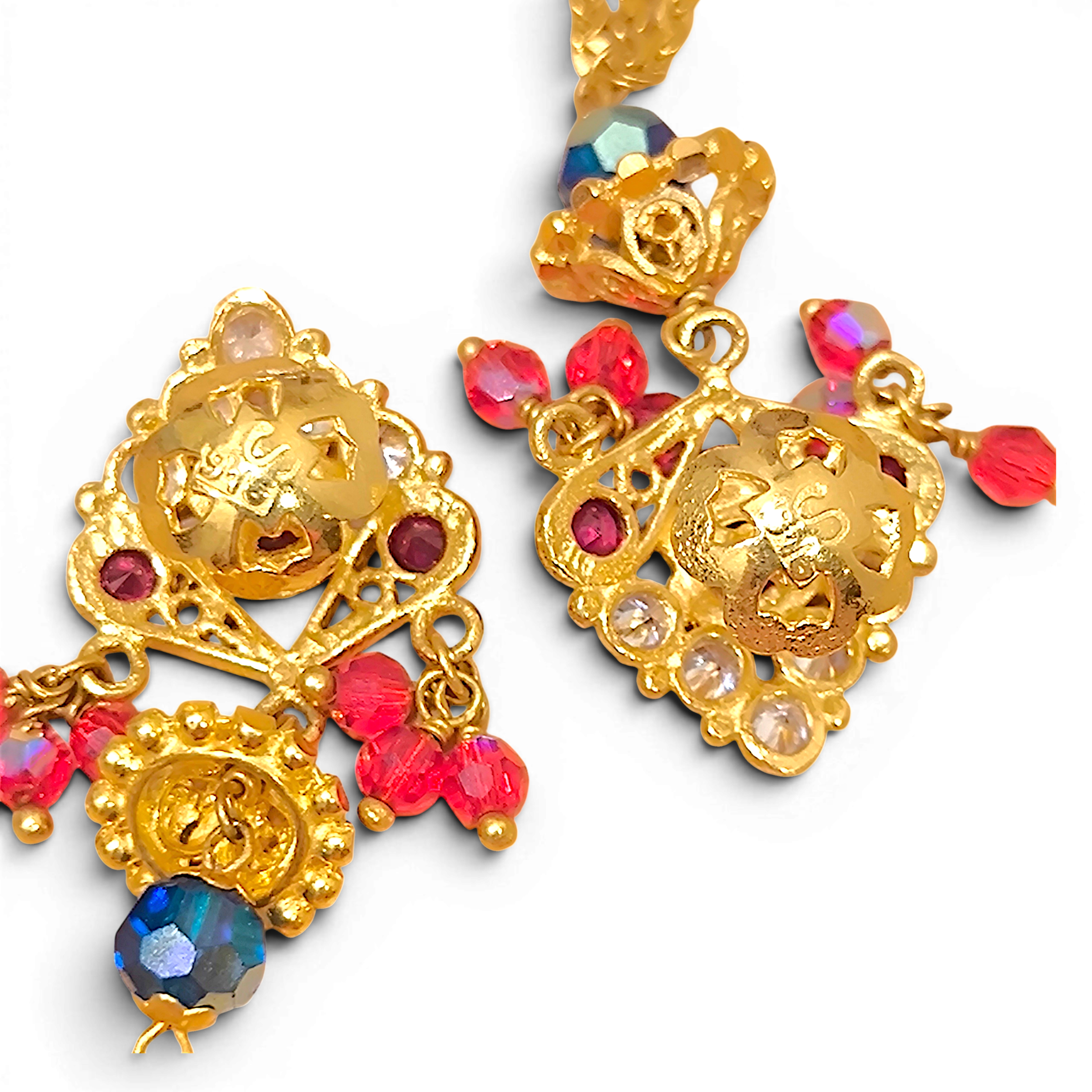 916 (22K) Yellow Gold Traditional Indian Earrings  Ruby, Zircon & Blue Drop Chandelier (1)