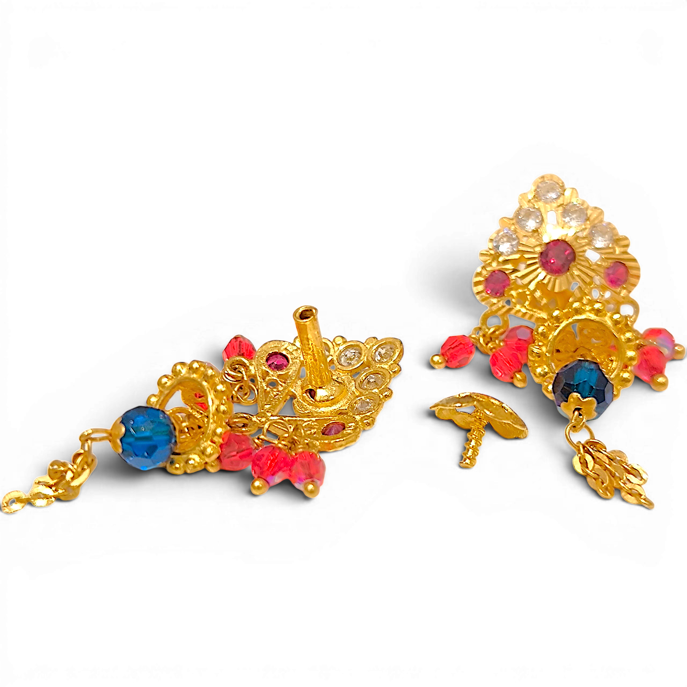 916 (22K) Yellow Gold Traditional Indian Earrings  Ruby, Zircon & Blue Drop Chandelier (2)