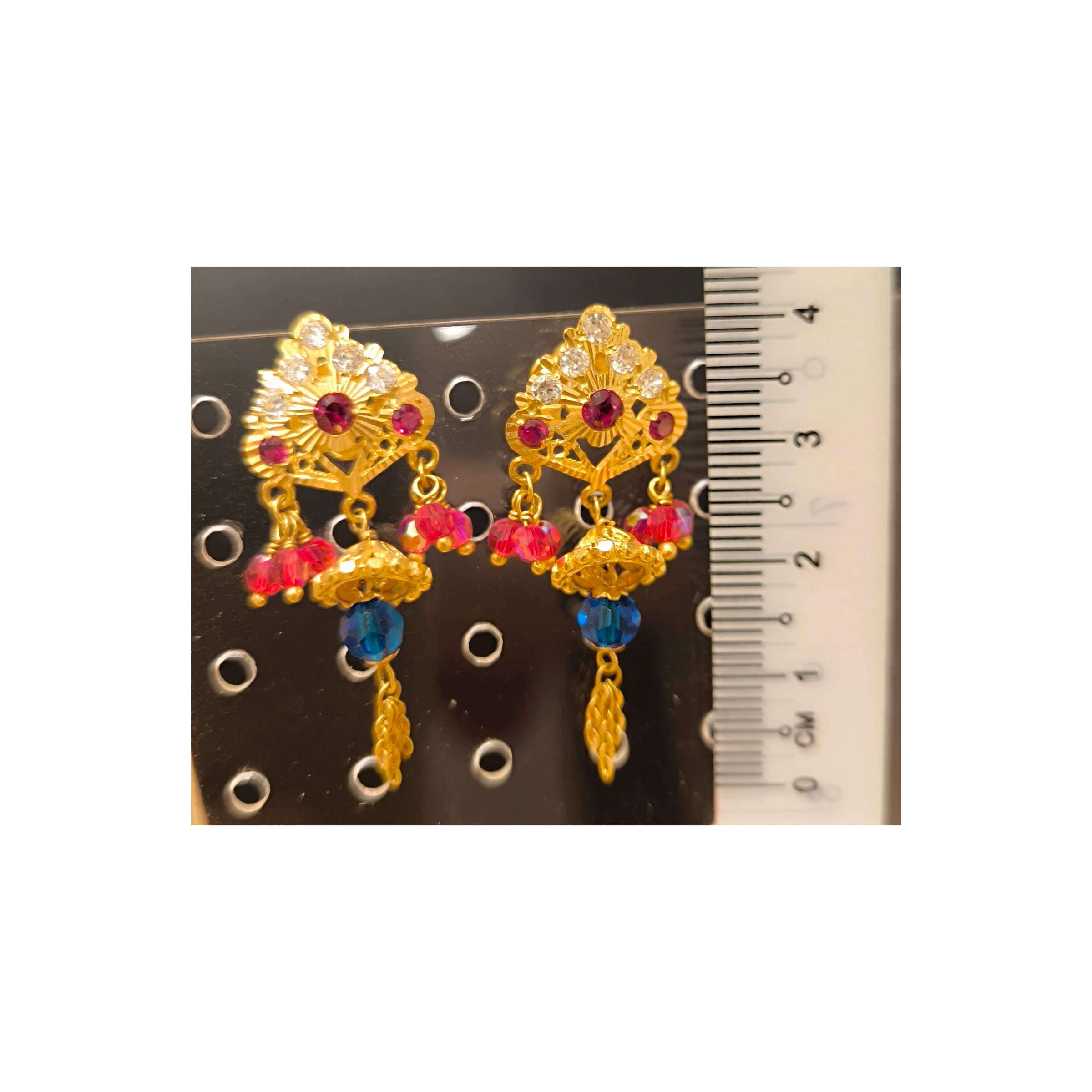 916 (22K) Yellow Gold Traditional Indian Earrings  Ruby, Zircon & Blue Drop Chandelier (3)
