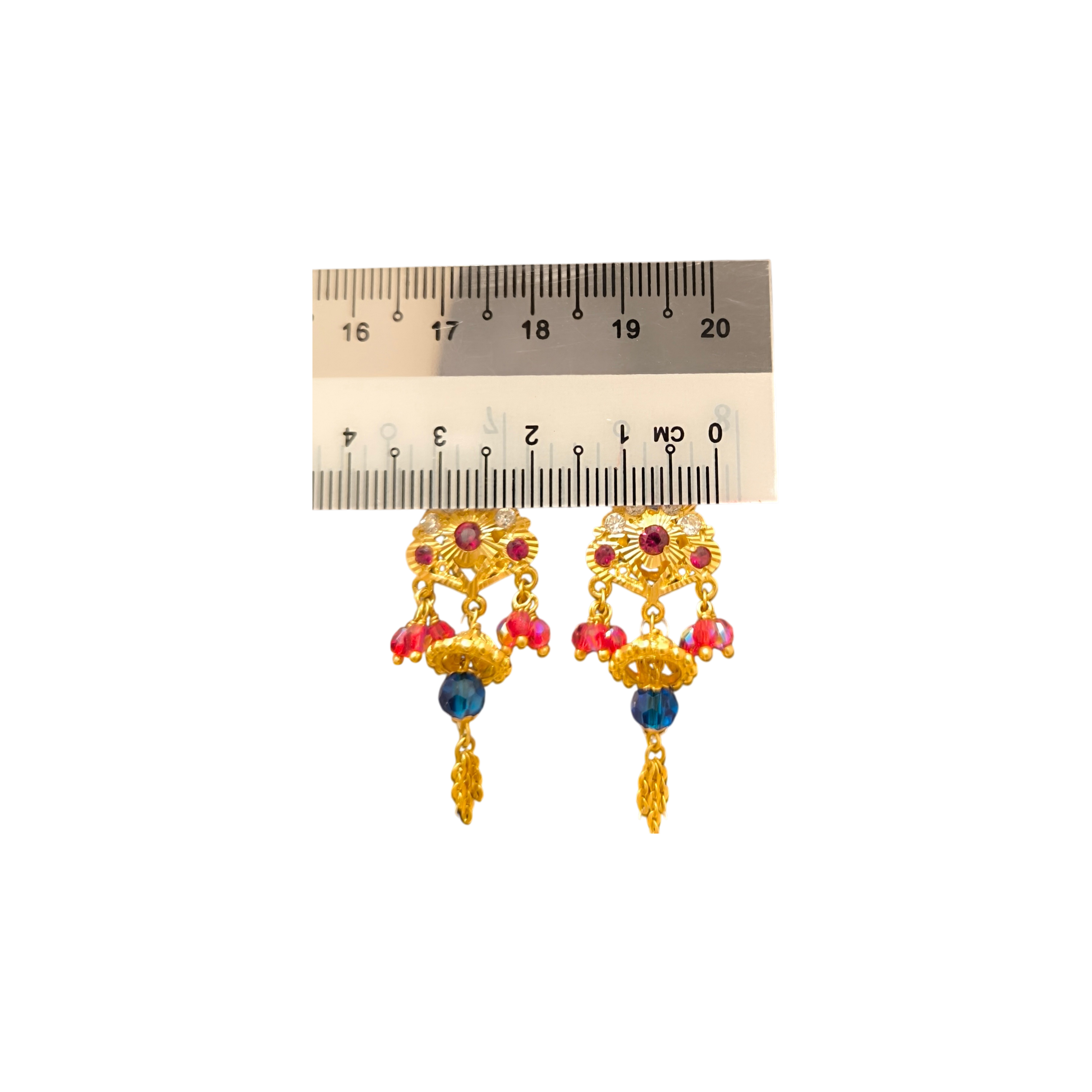 916 (22K) Yellow Gold Traditional Indian Earrings  Ruby, Zircon & Blue Drop Chandelier (4)