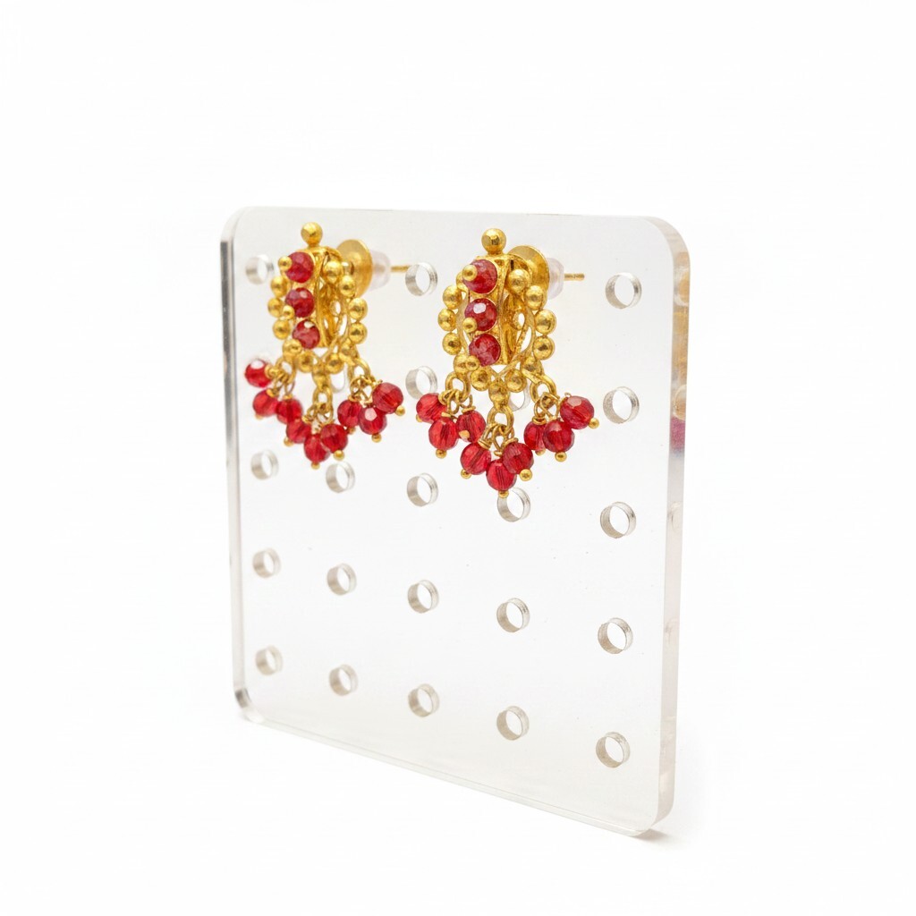 916 (22K) Yellow Gold Traditional Indian Ruby Mandala Fringe Earrings (2)