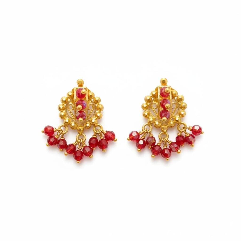 916 (22K) Yellow Gold Traditional Indian Ruby Mandala Fringe Earrings (5)