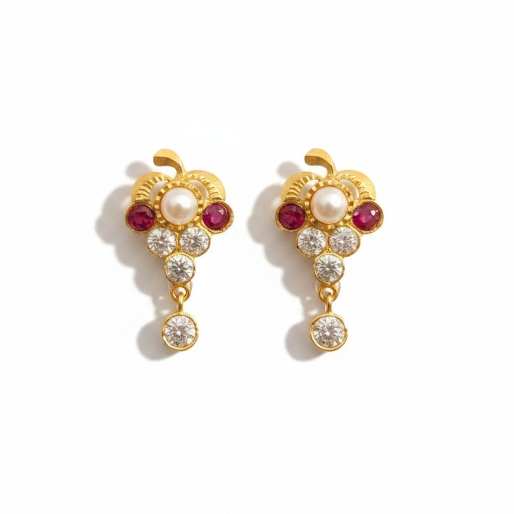 916 (22K) Yellow Gold Traditional Indian Earrings Pearl & Ruby Drops (1)