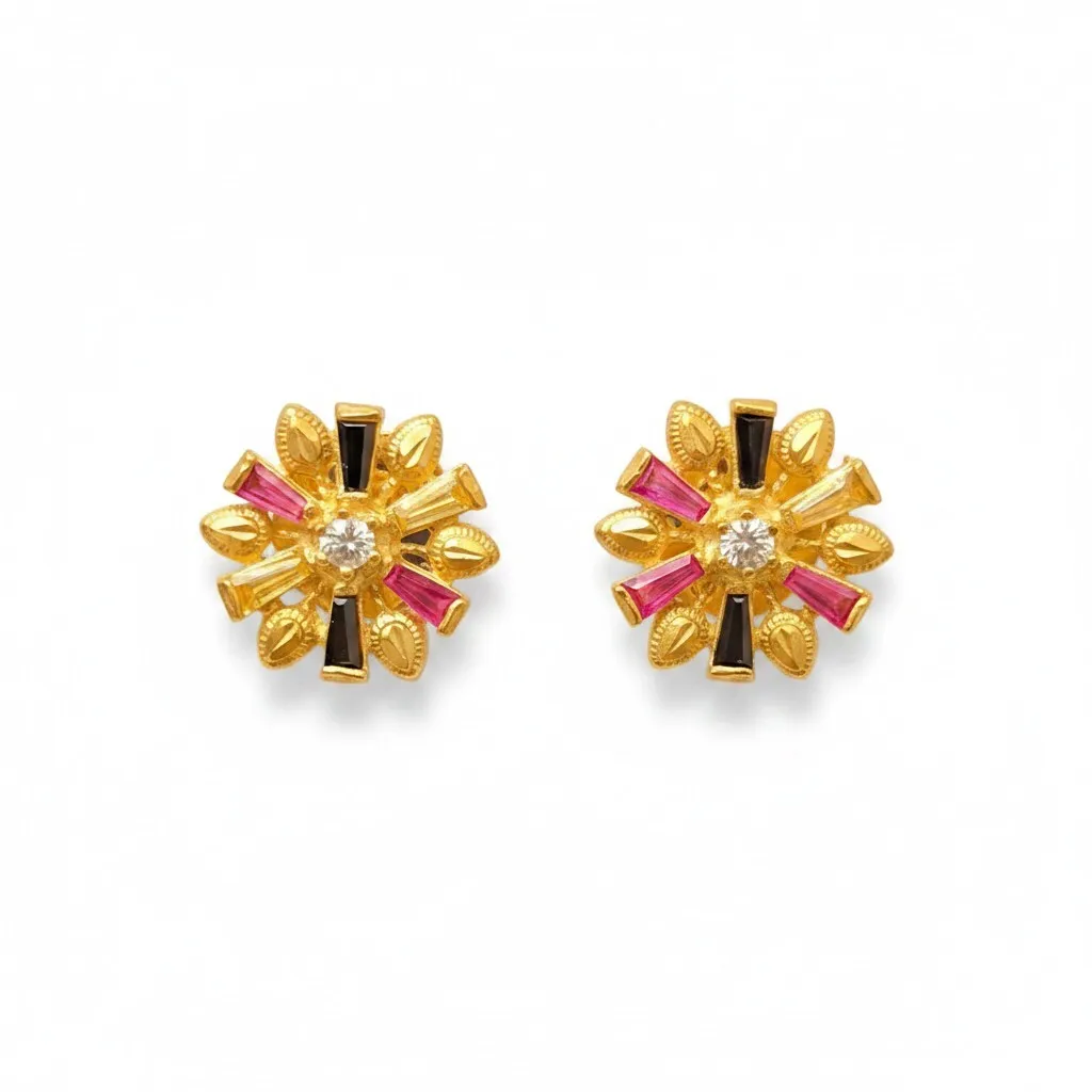 Yellow Gold Traditional Indian Earrings  Multi-Gemstone Sunburst Studs