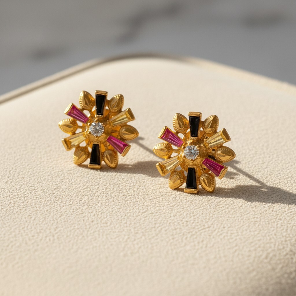 Yellow Gold Traditional Indian Earrings  Multi-Gemstone Sunburst Studs (1)