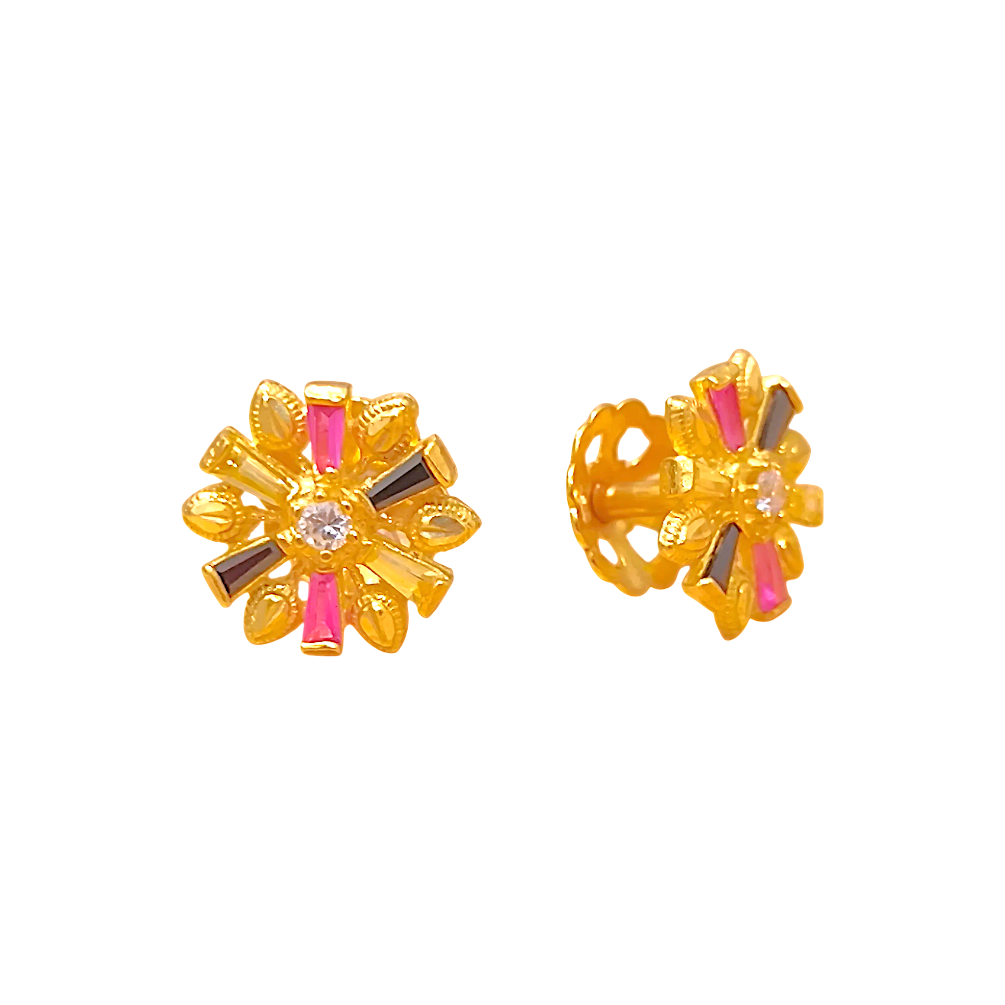 Yellow Gold Traditional Indian Earrings  Multi-Gemstone Sunburst Studs (5)