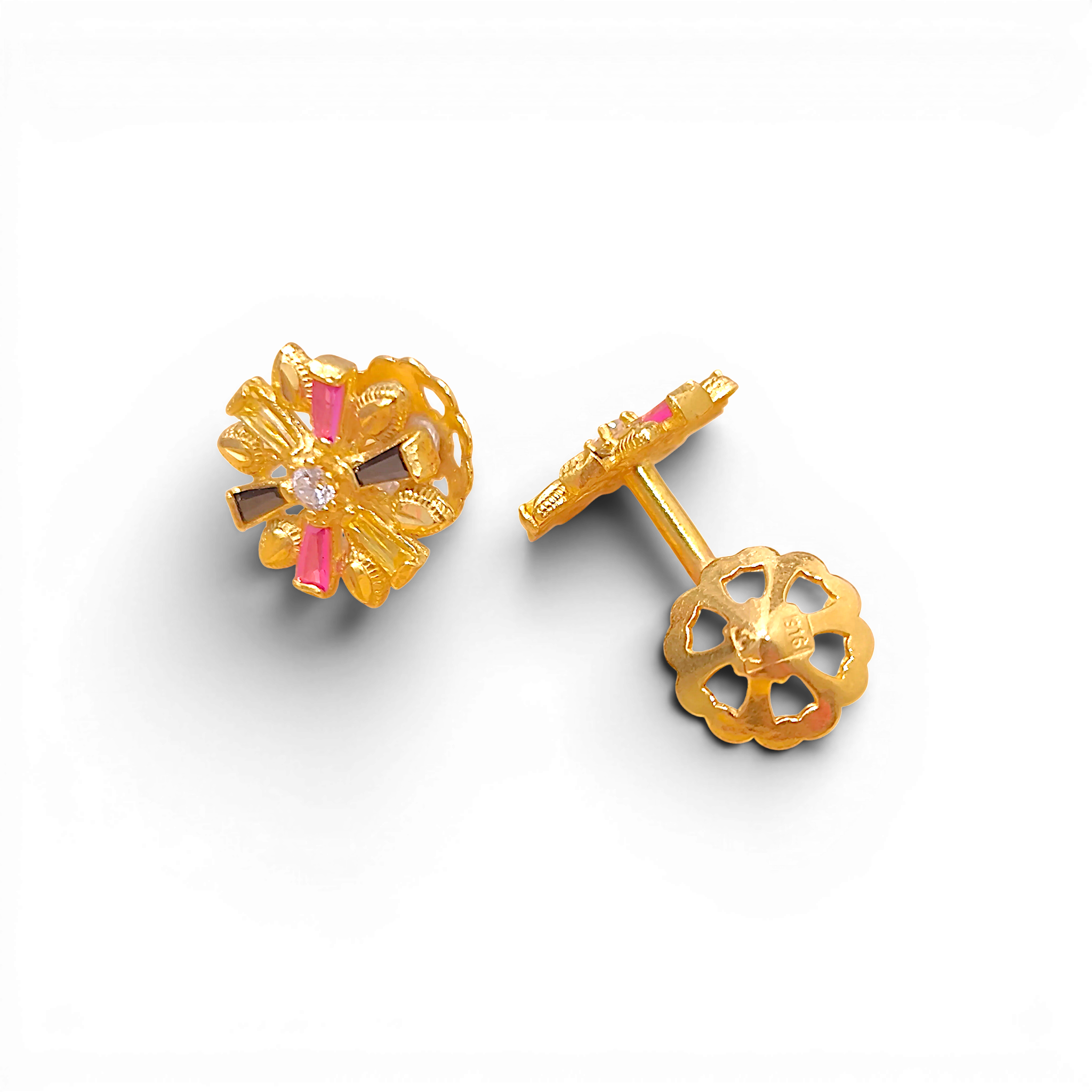 Yellow Gold Traditional Indian Earrings  Multi-Gemstone Sunburst Studs (4)