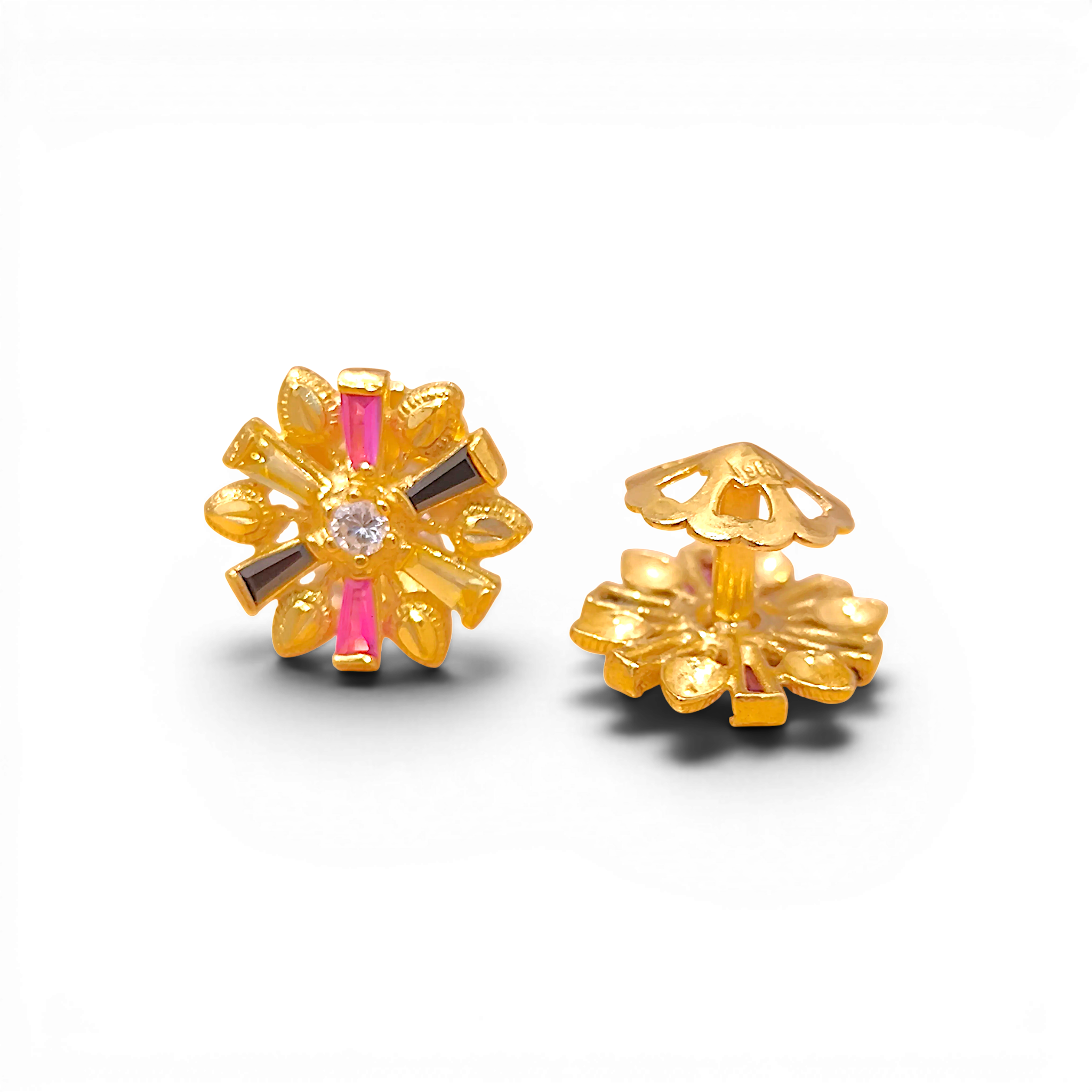 Yellow Gold Traditional Indian Earrings  Multi-Gemstone Sunburst Studs (3)