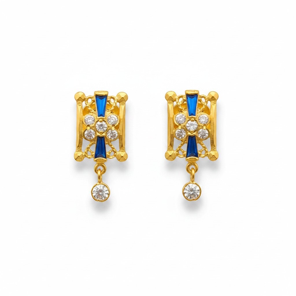 916 (22K) Yellow Gold Traditional Indian Earrings  Royal Blue & White Zircon Drops (1)