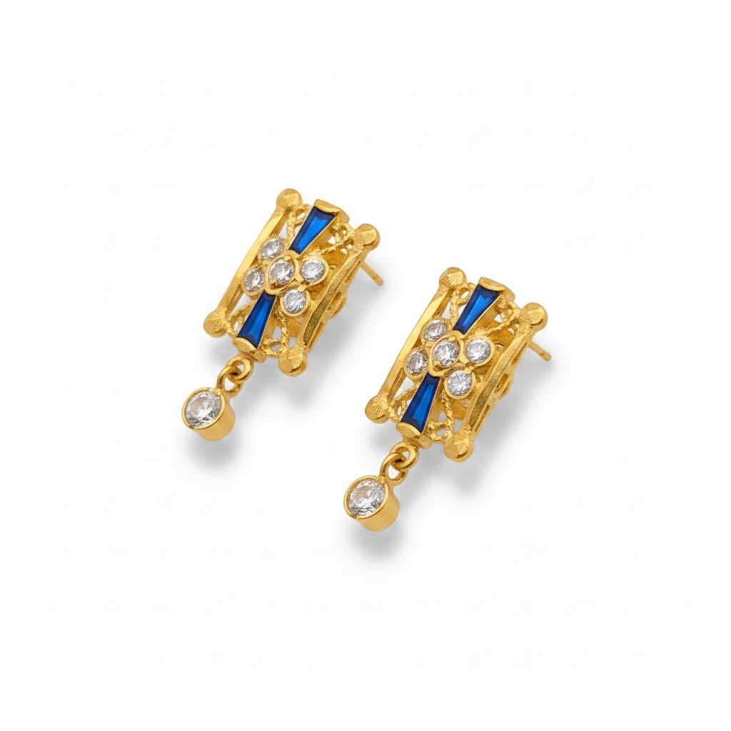 916 (22K) Yellow Gold Traditional Indian Earrings  Royal Blue & White Zircon Drops (2)