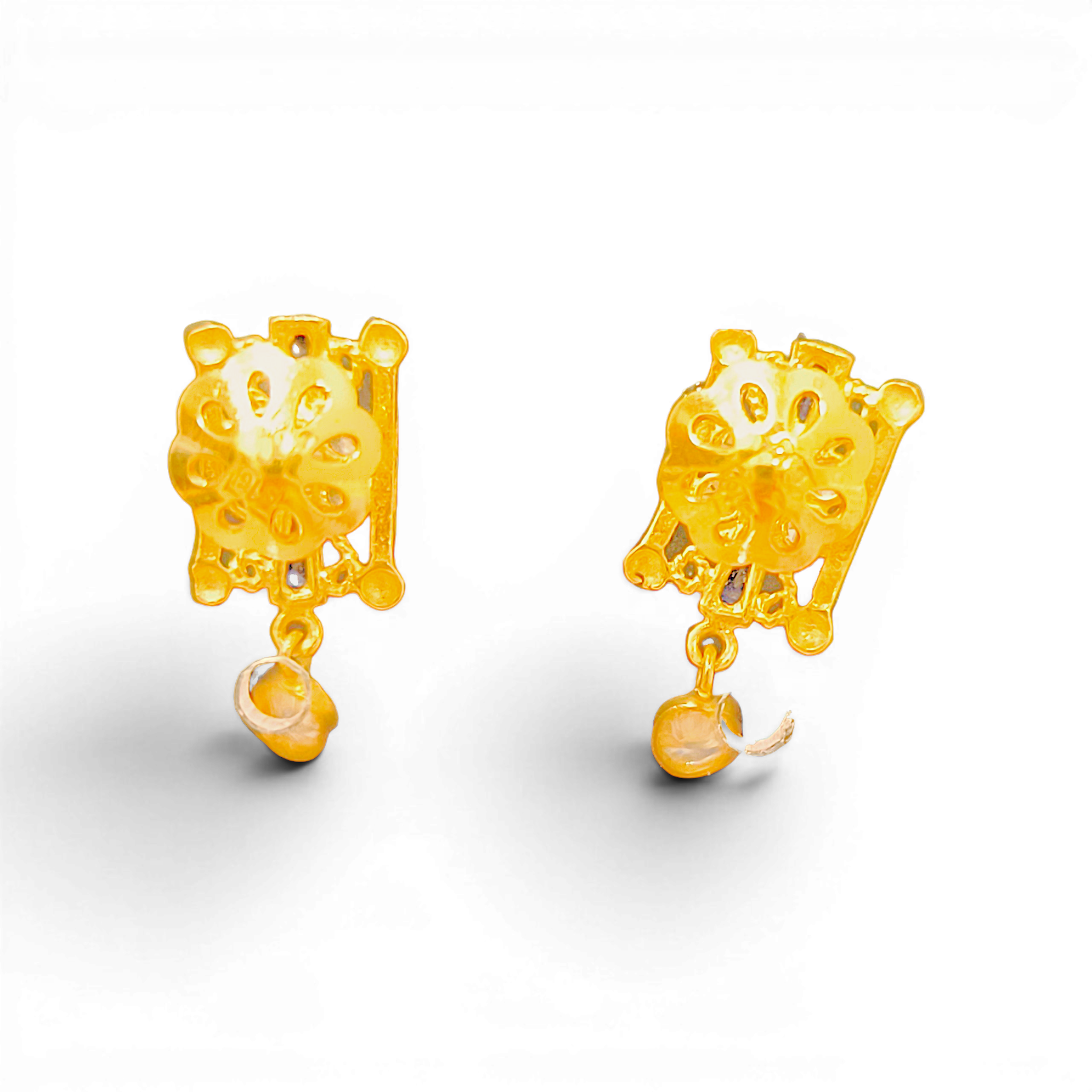 916 (22K) Yellow Gold Traditional Indian Earrings  Royal Blue & White Zircon Drops (4)