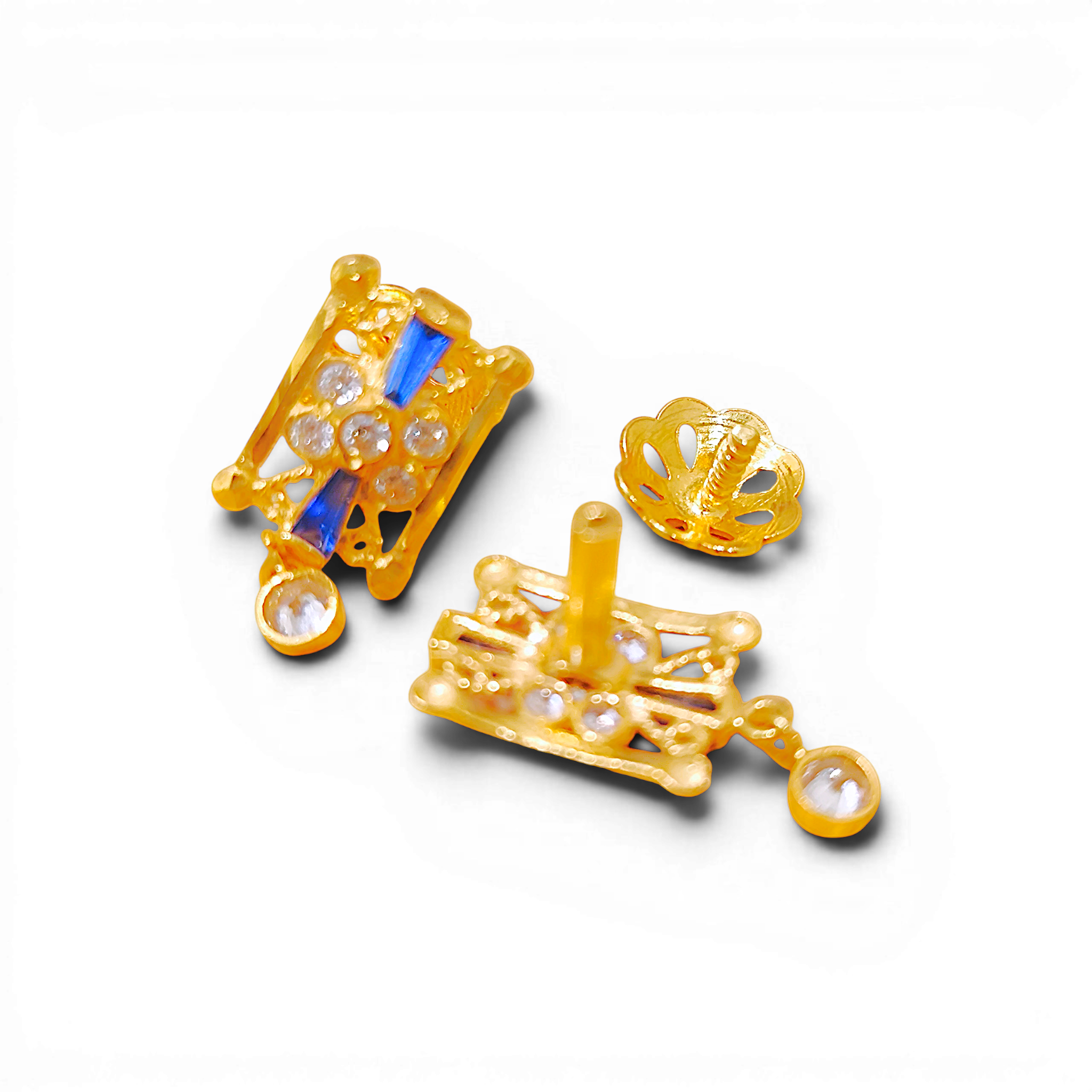 916 (22K) Yellow Gold Traditional Indian Earrings  Royal Blue & White Zircon Drops (2)