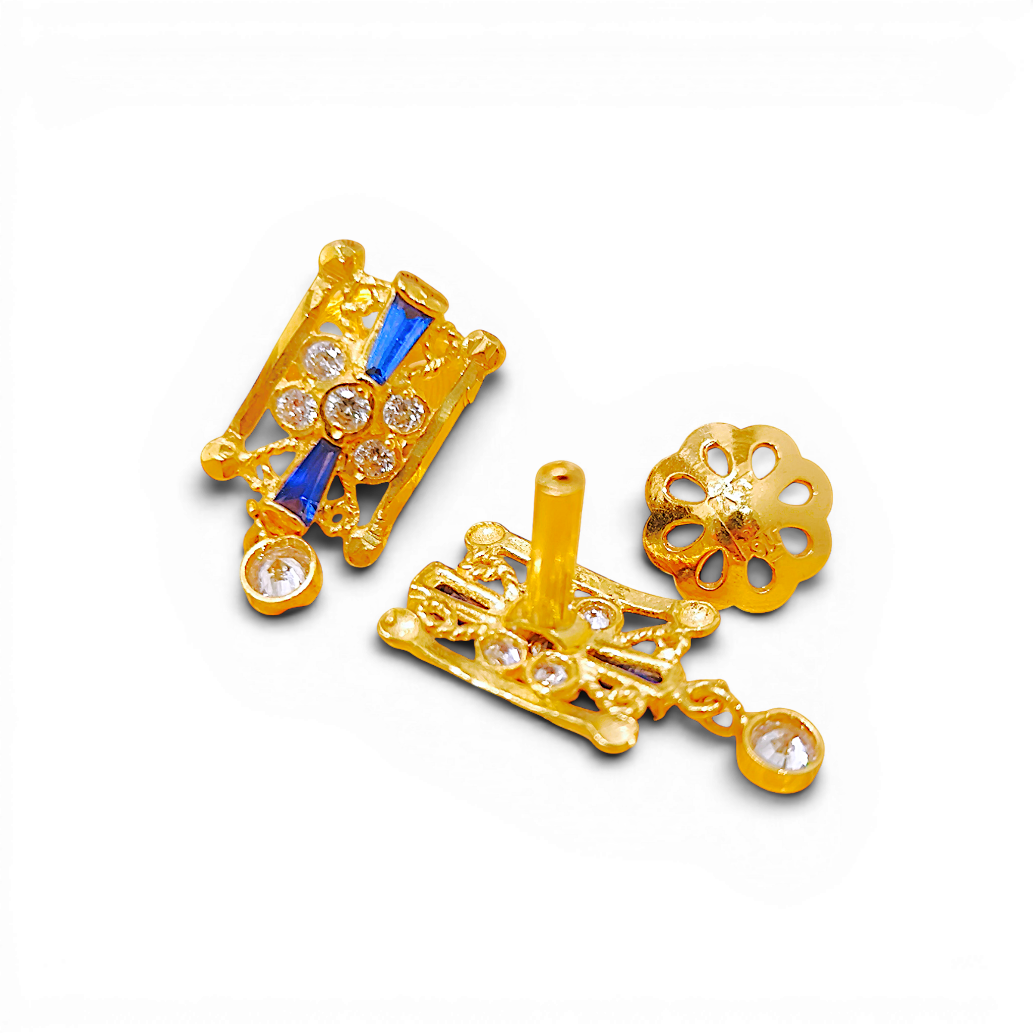 916 (22K) Yellow Gold Traditional Indian Earrings  Royal Blue & White Zircon Drops (1)