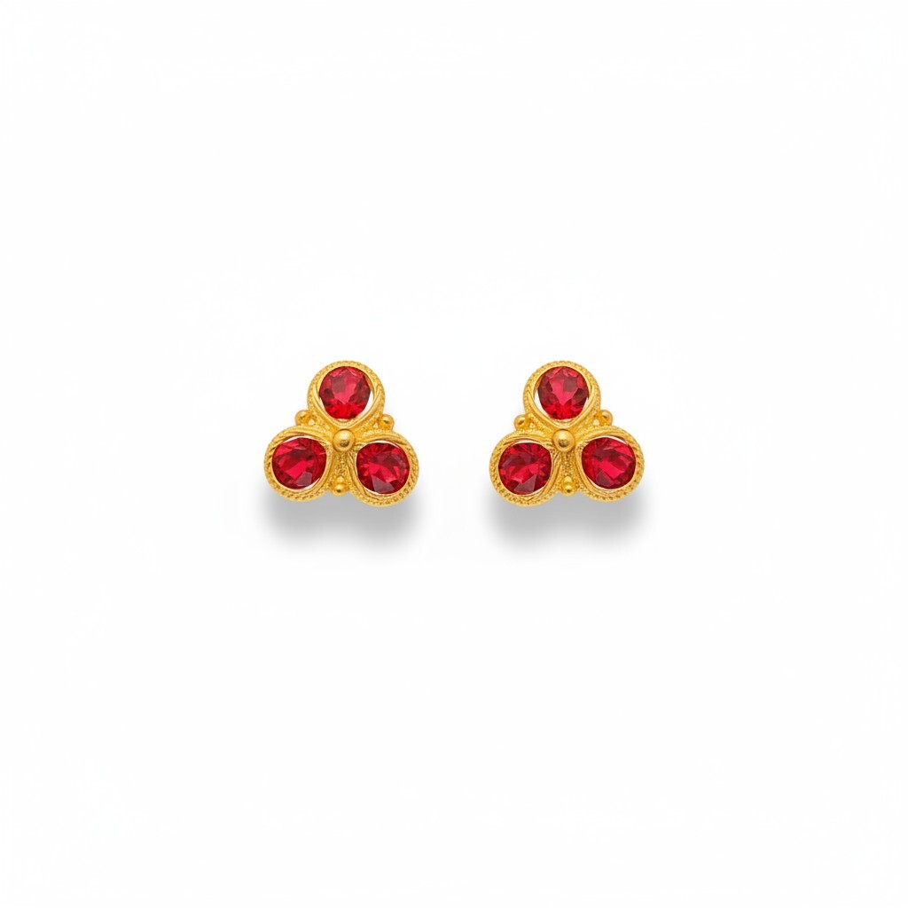 916 (22K) Yellow Gold Traditional Indian Earrings  Ruby Trefoil Studs
