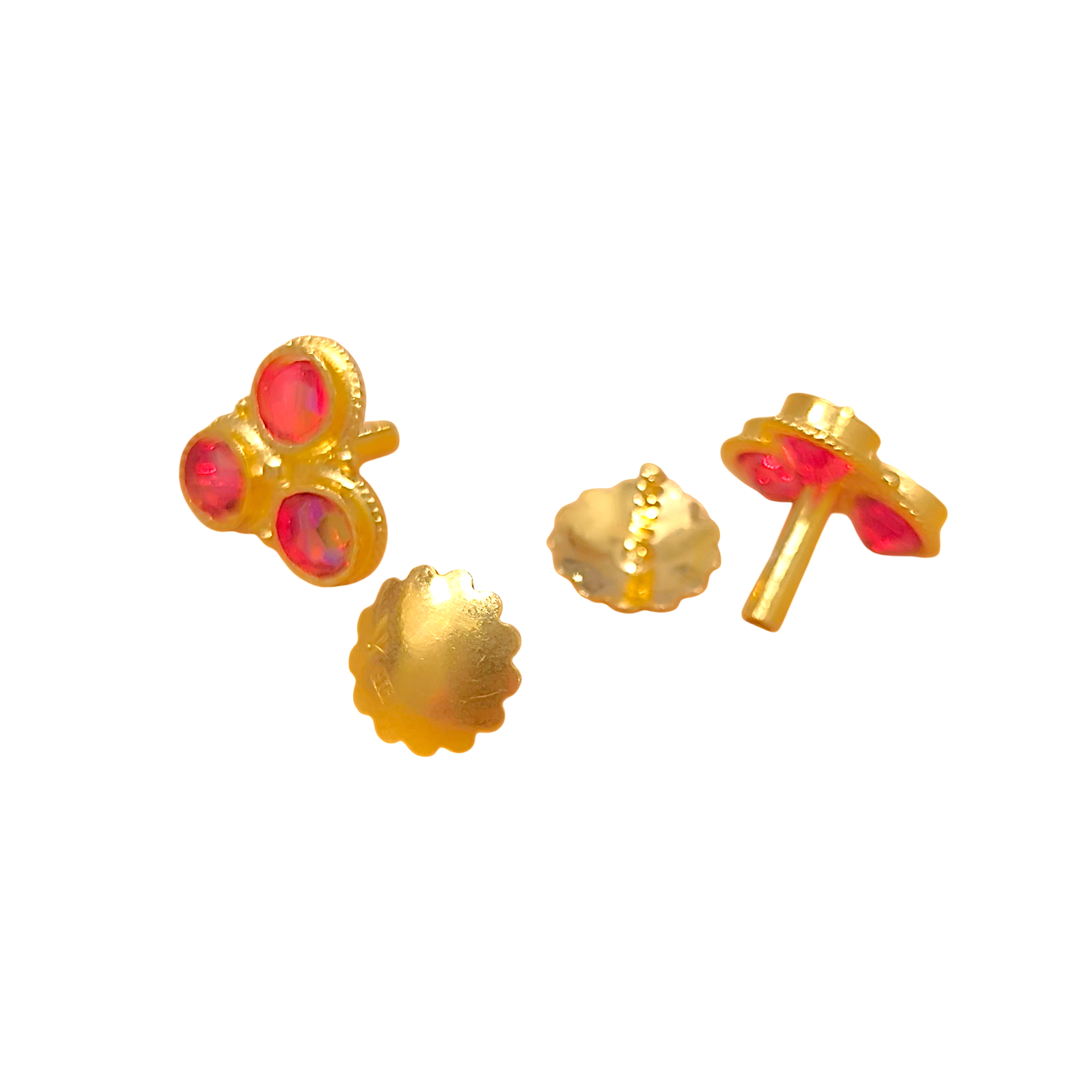 916 (22K) Yellow Gold Traditional Indian Earrings  Ruby Trefoil Studs (5)