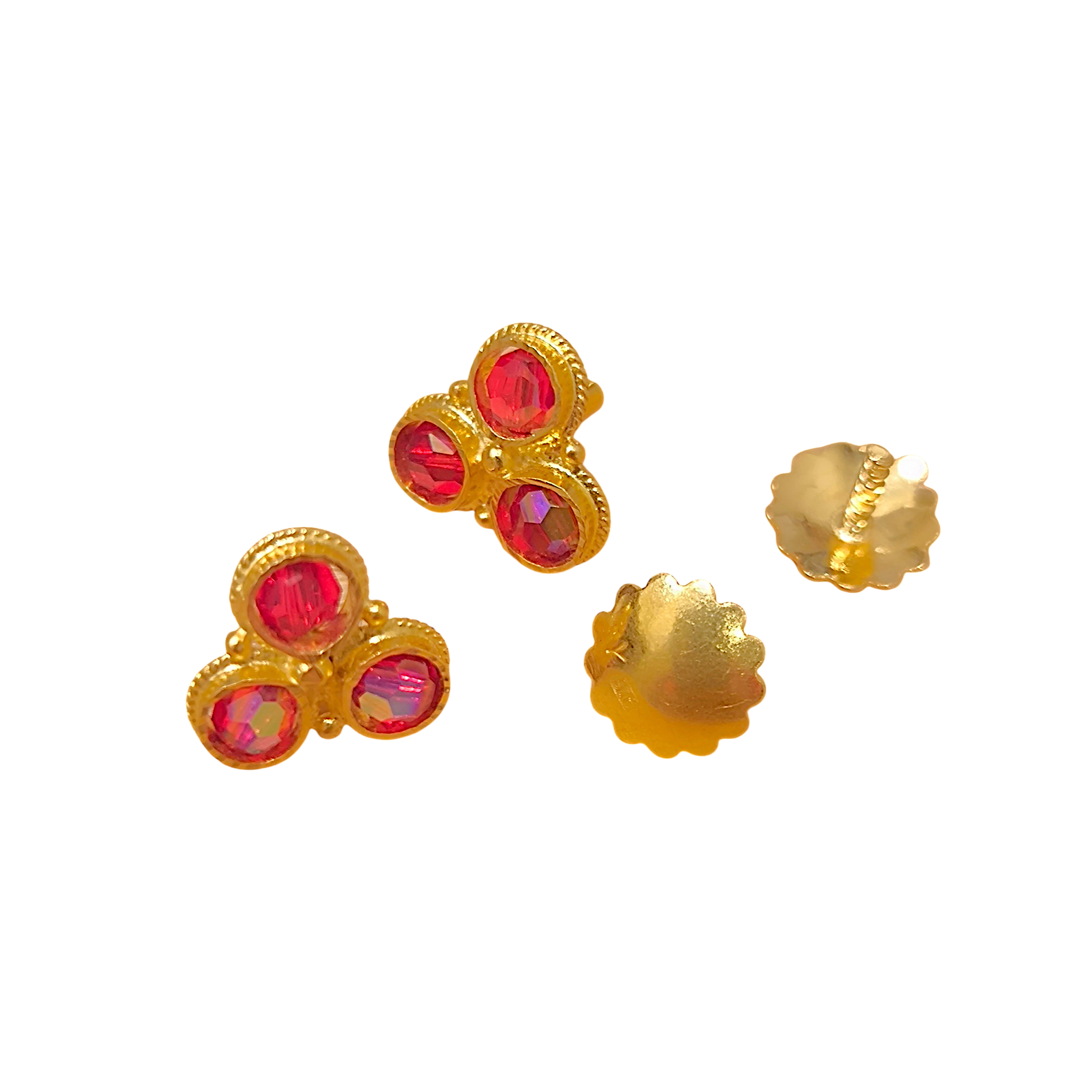 916 (22K) Yellow Gold Traditional Indian Earrings  Ruby Trefoil Studs (2)