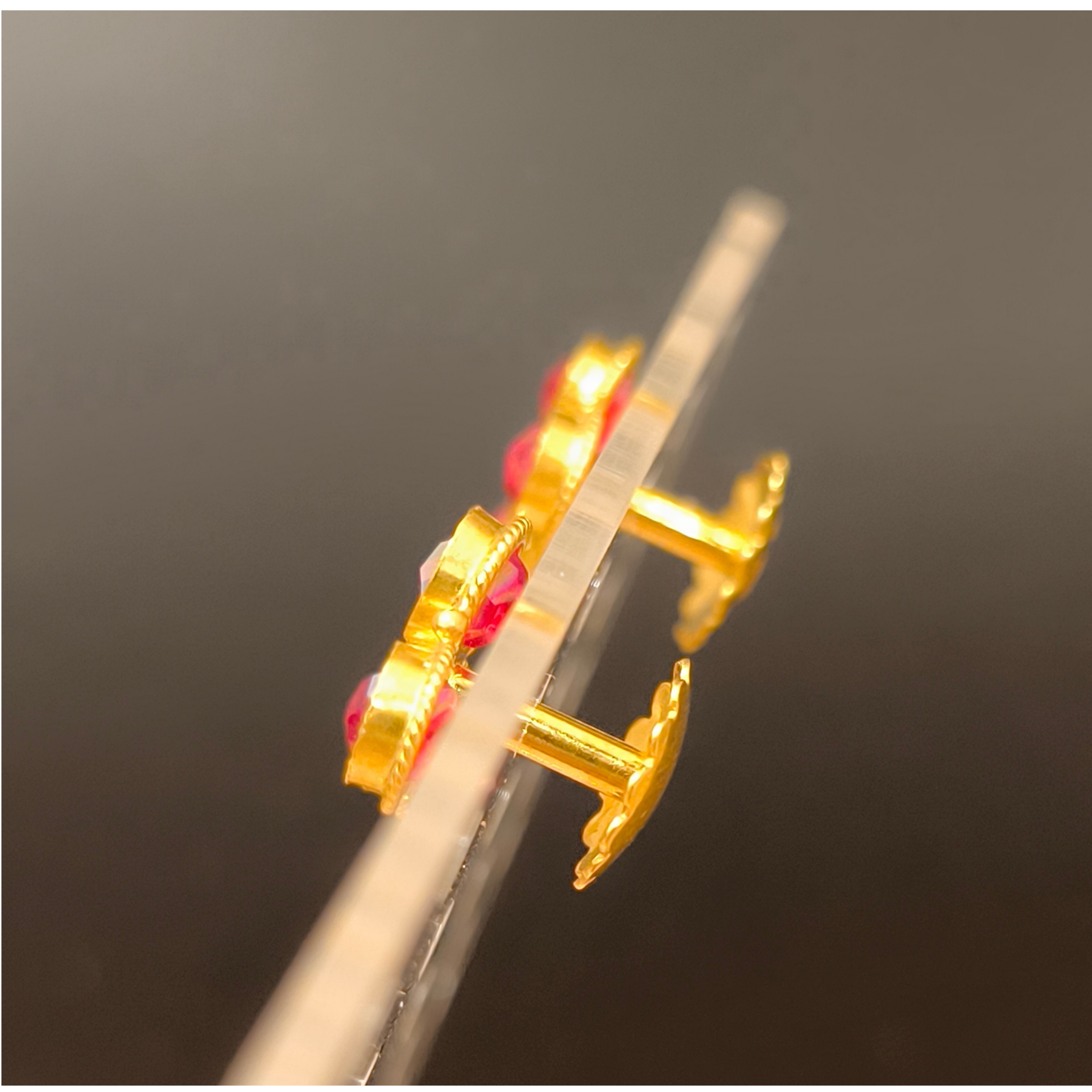 916 (22K) Yellow Gold Traditional Indian Earrings  Ruby Trefoil Studs (3)